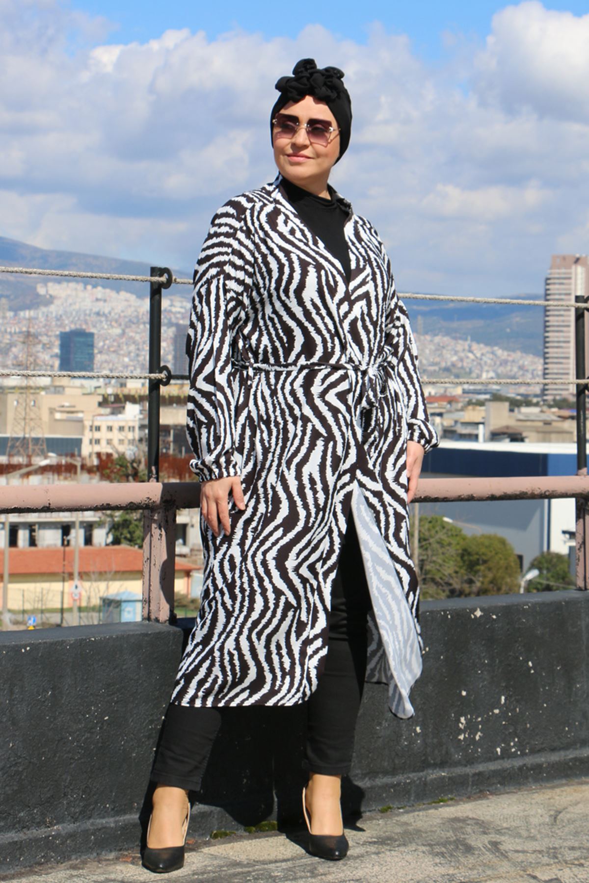 33014 Büyük Beden Desenli  Jesica Kolu Lastikli Kimono-Zebra Desen Siyah