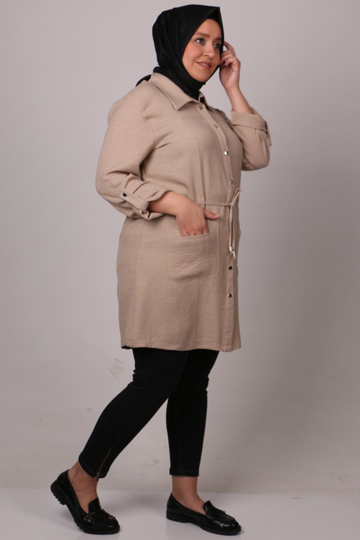 3161 Plus Size Buttoned Trench Coat - Beige