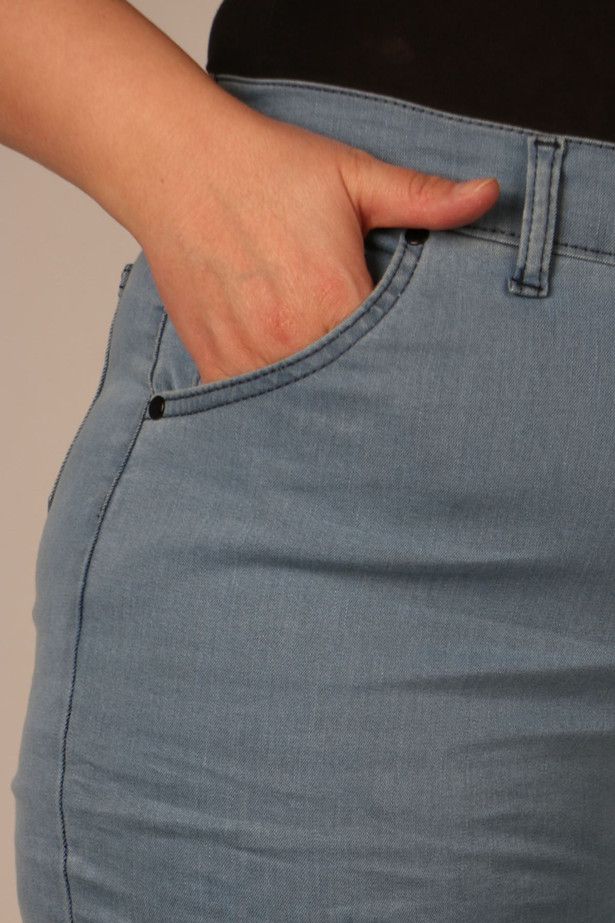 9183-5 Büyük Beden Dar Paça Uzun Boy Kot Pantolon - Buz Mavi