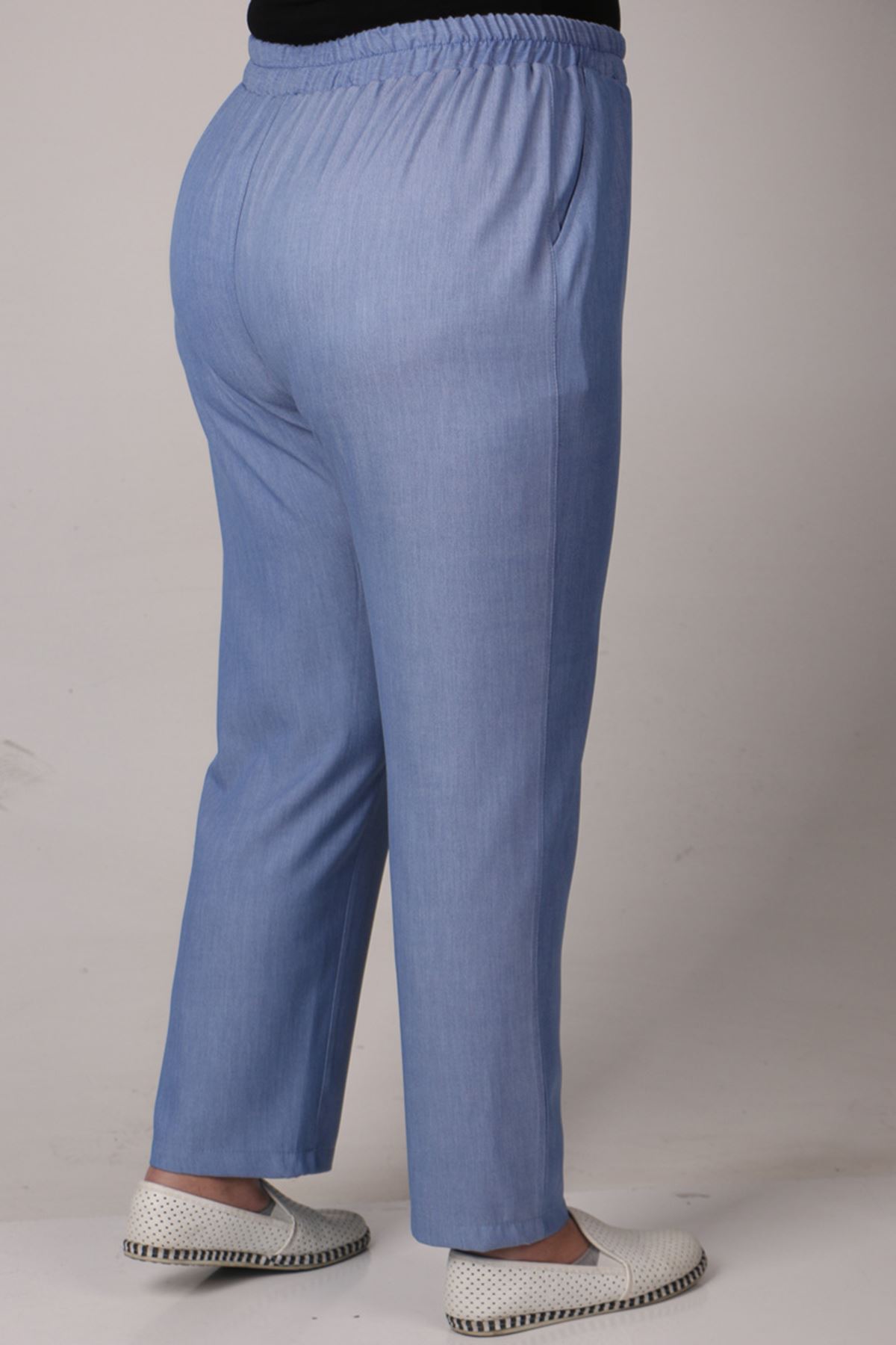 39014 Large Size Elastic Waist Slim Leg Lyocell Trousers-Blue