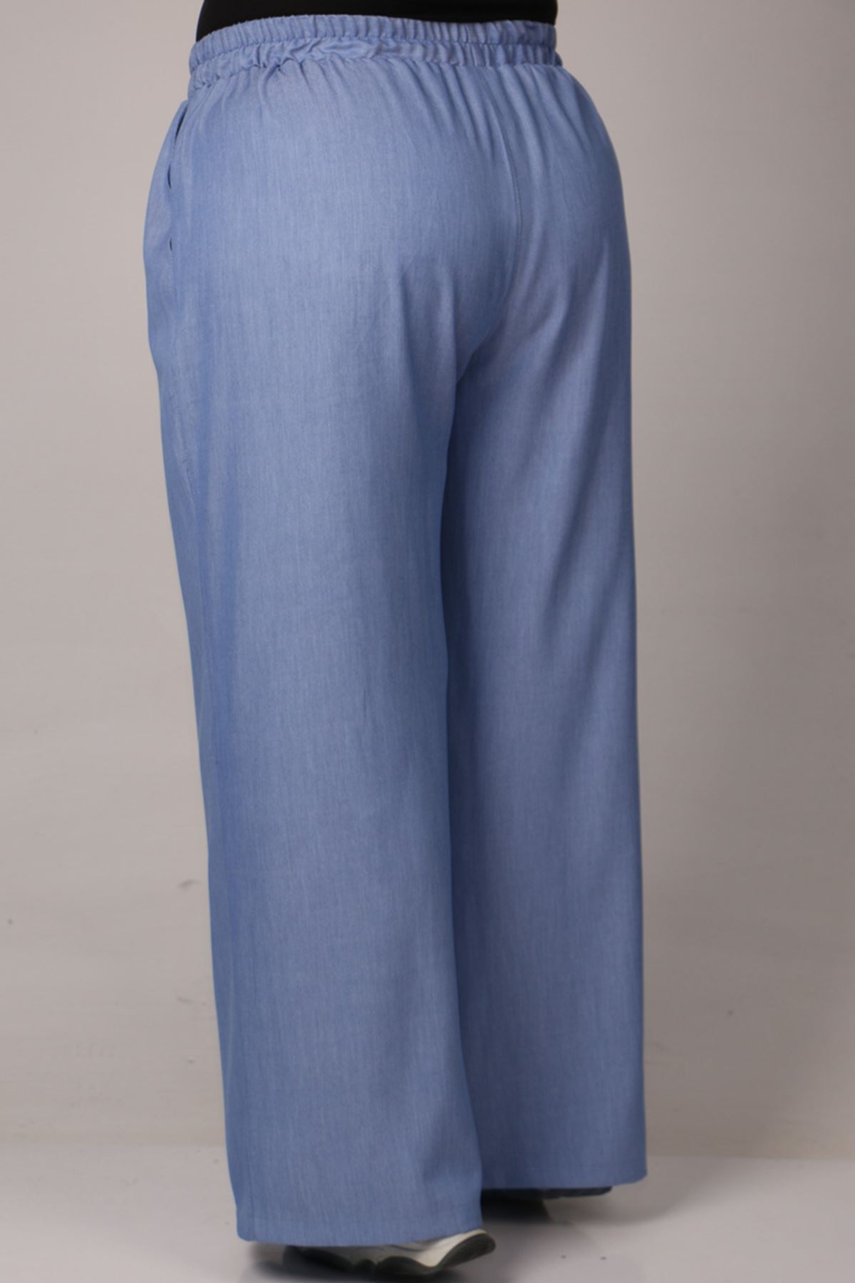 39015 Large Size Elastic Waist Wide Leg Lyocell Trousers-Blue