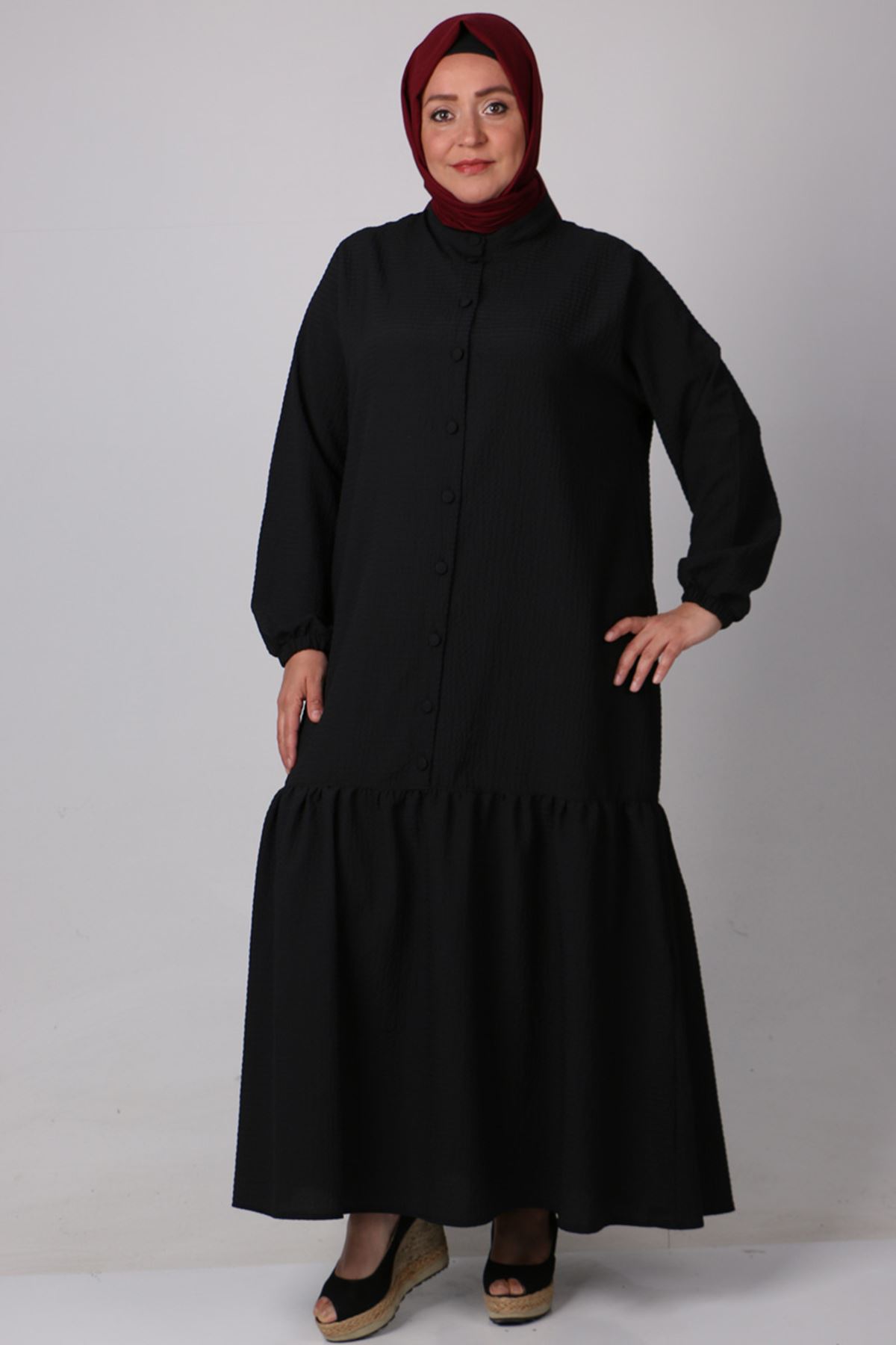 32007 Plus Size Cuffed Collar Buttoned Goffre Dress-Black