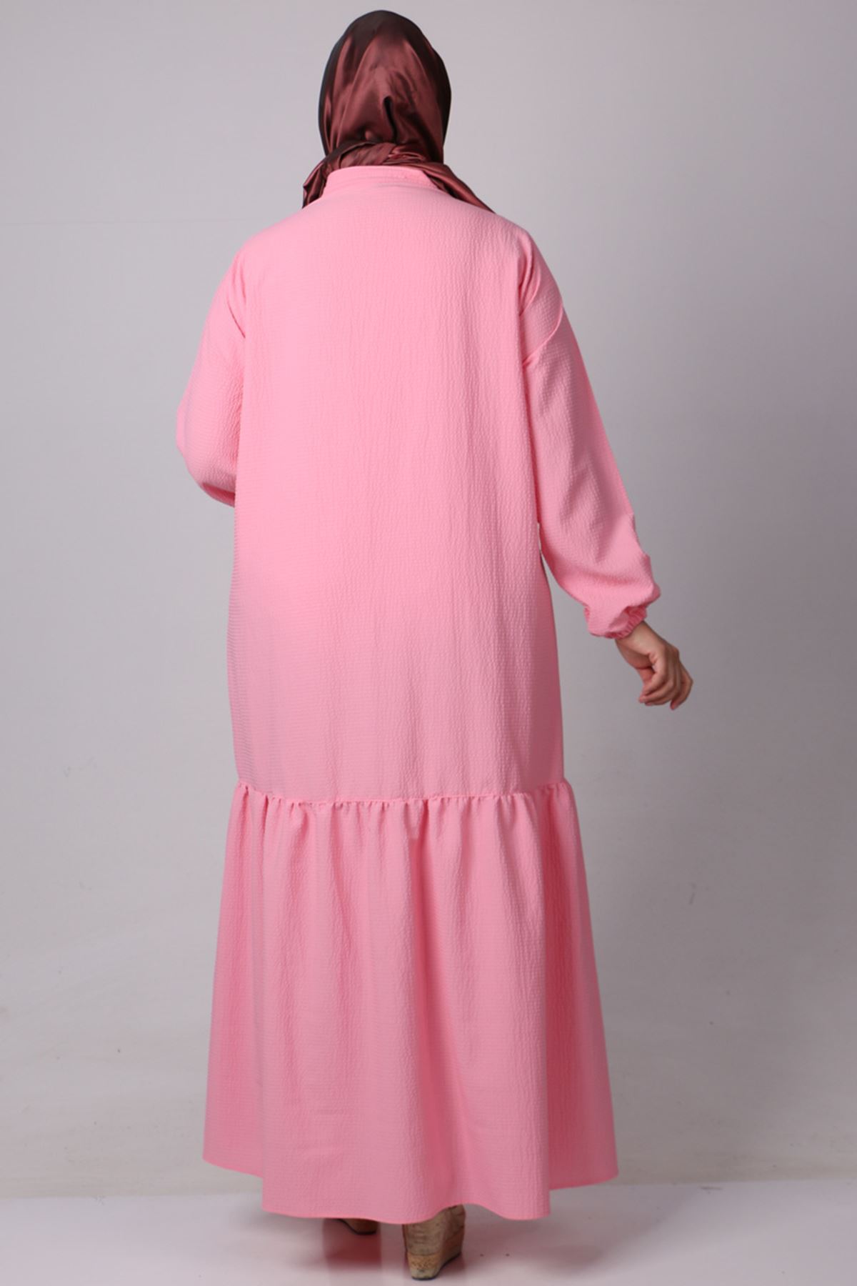 32007 Plus Size Cuffed Collar Buttoned Goffre Dress-Pink