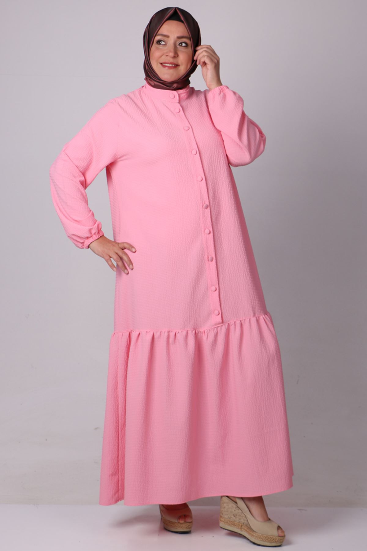 32007 Plus Size Cuffed Collar Buttoned Goffre Dress-Pink