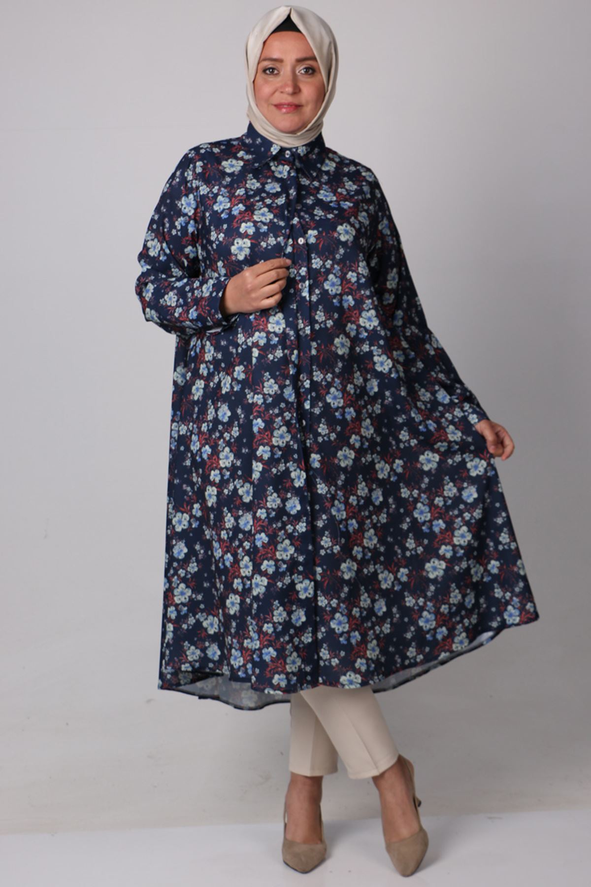 38047 Large Size Patterned Mevlana Jesica Shirt- Floral Pattern Navy Blue