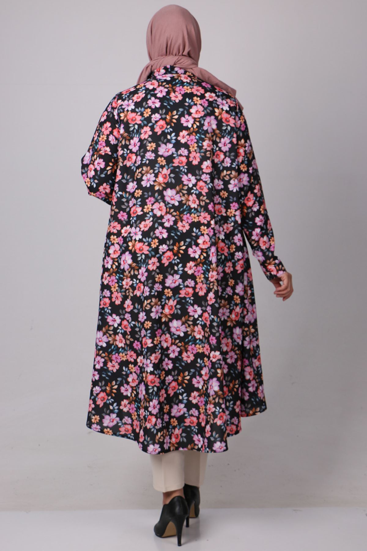 38047 Large Size Patterned Mevlana Jesica Shirt- Flower Pattern Black