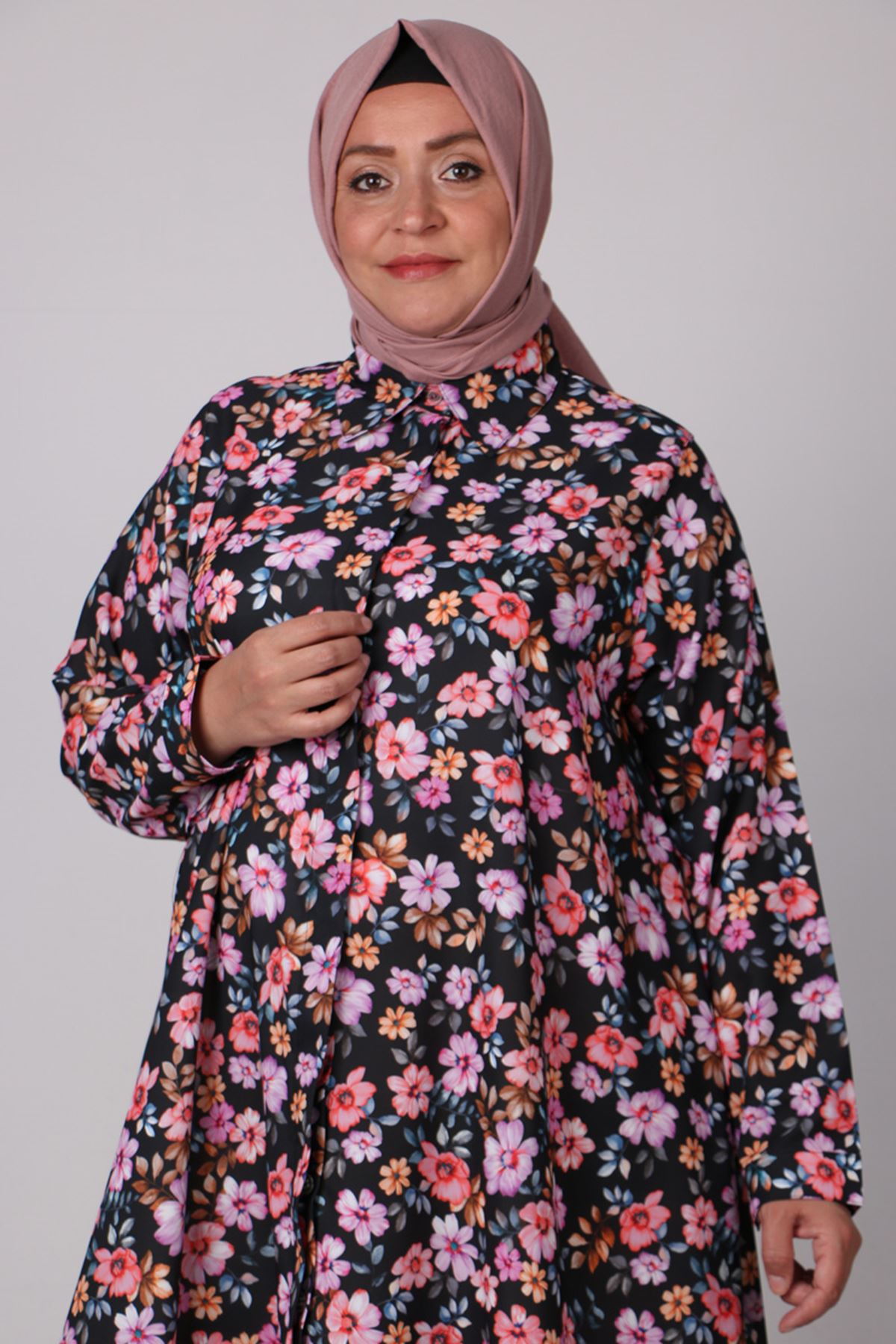 38047 Large Size Patterned Mevlana Jesica Shirt- Flower Pattern Black