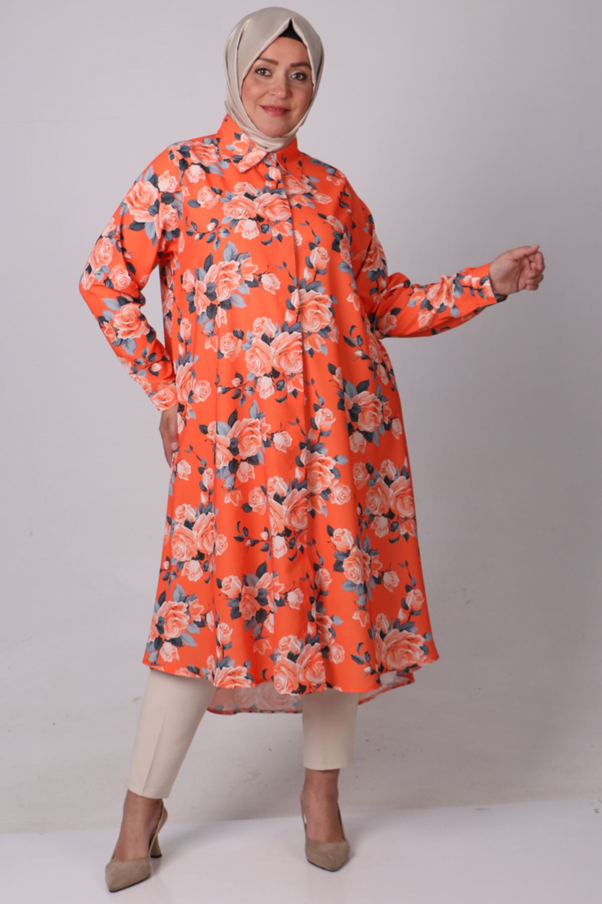 38047 Large Size Patterned Mevlana Jesica Shirt- Rose Pattern Orange