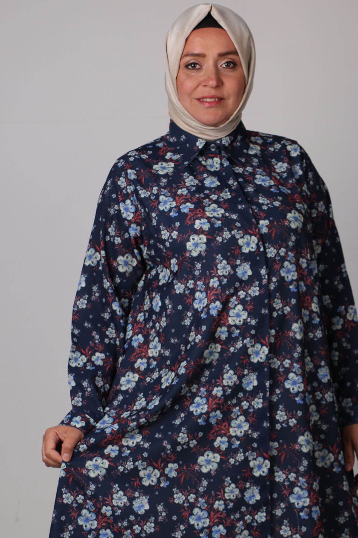 38047 Large Size Patterned Mevlana Jesica Shirt- Floral Pattern Navy Blue