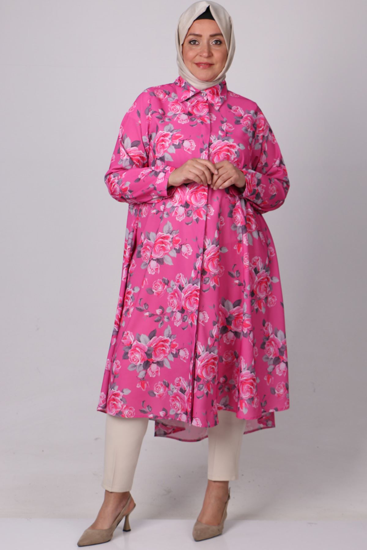 38047 Large Size Patterned Mevlana Jesica Shirt- Rose Pattern Fuchsia