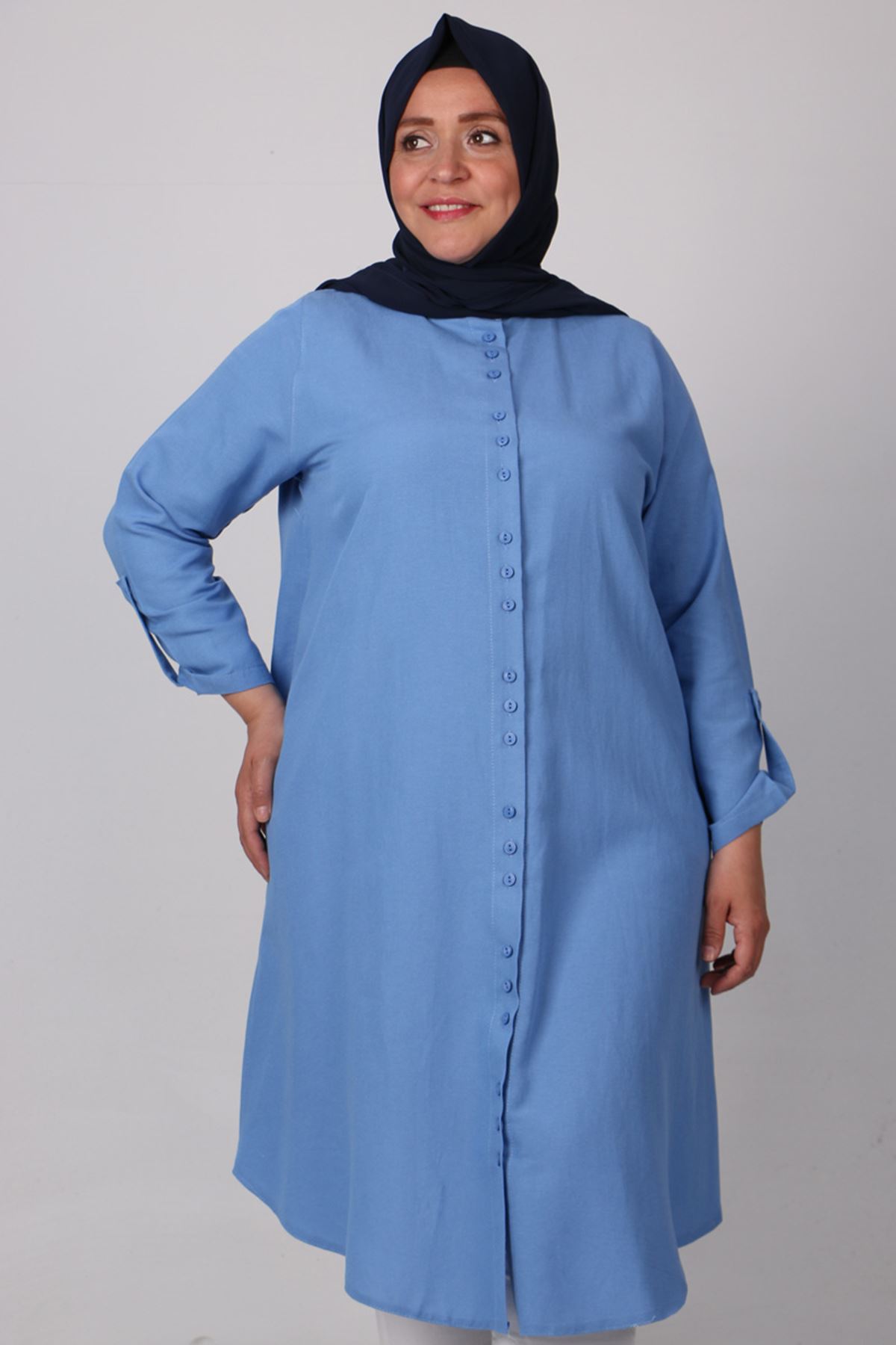 38064 Large Size Buttoned Linen Shirt -Blue