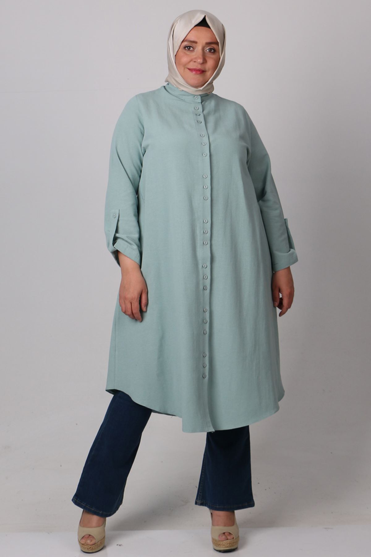 38064 Large Size Buttoned Linen Shirt -Turquoise