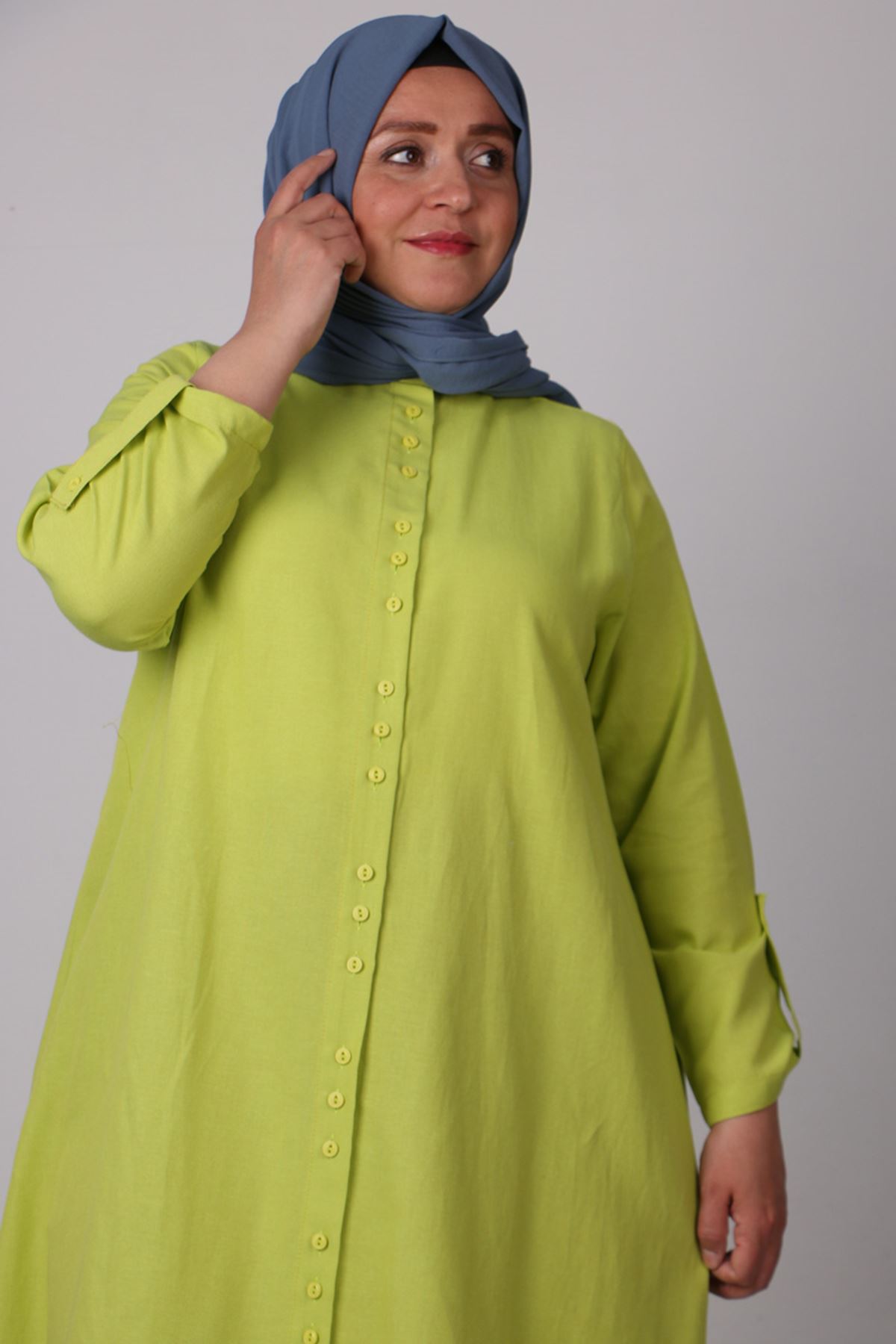 38064 Large Size Buttoned Linen Shirt -Kiwi