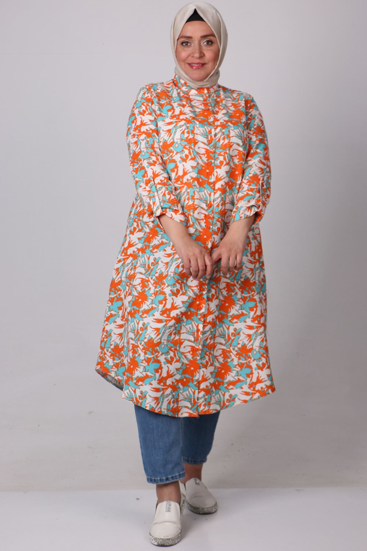 38074 Large Size Buttoned Patterned Linen Shirt -Leaf Pattern Orange