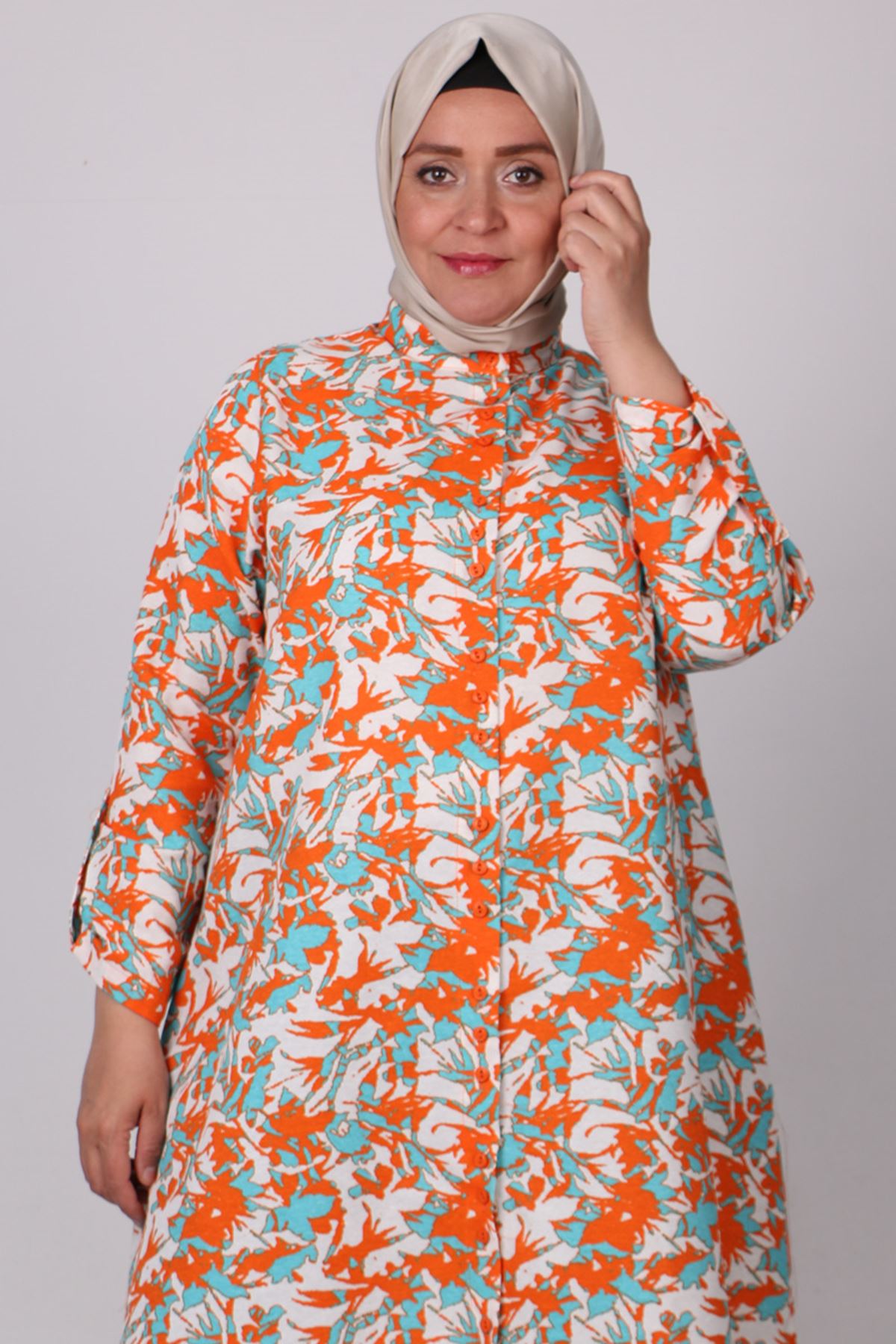 38074 Large Size Buttoned Patterned Linen Shirt -Leaf Pattern Orange