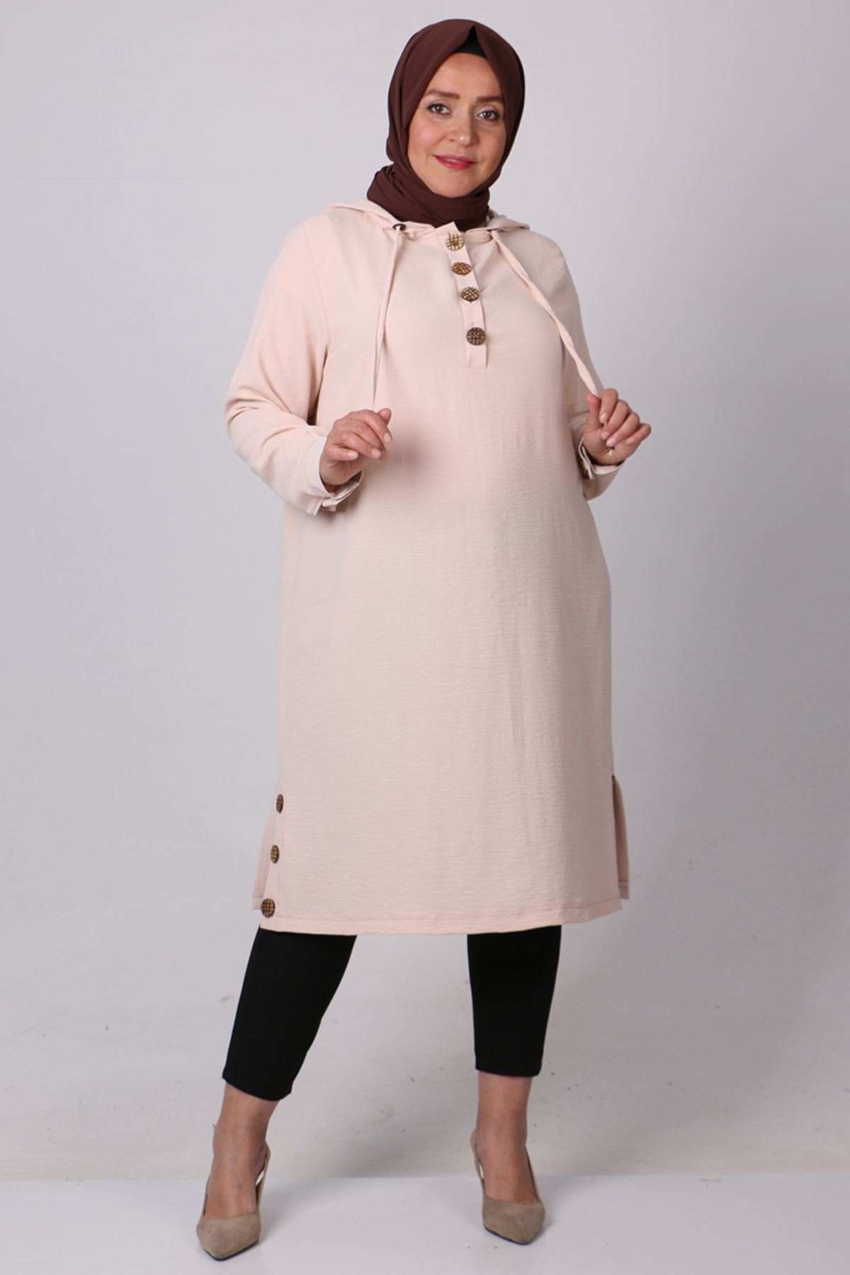 38004 Large Size Buttoned Airobin Tunic -Beige