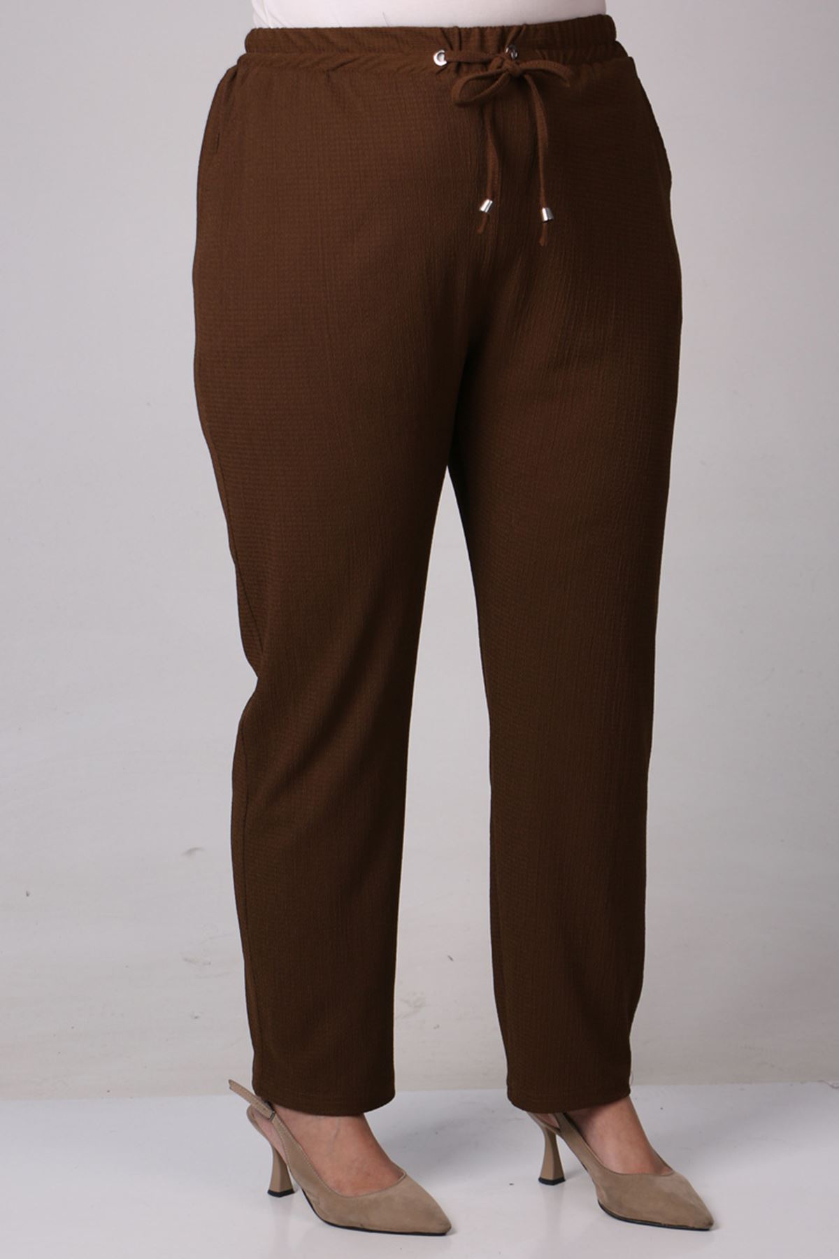 37022 Large Size Buttoned Crepe Jacket Pants Set-Brown
