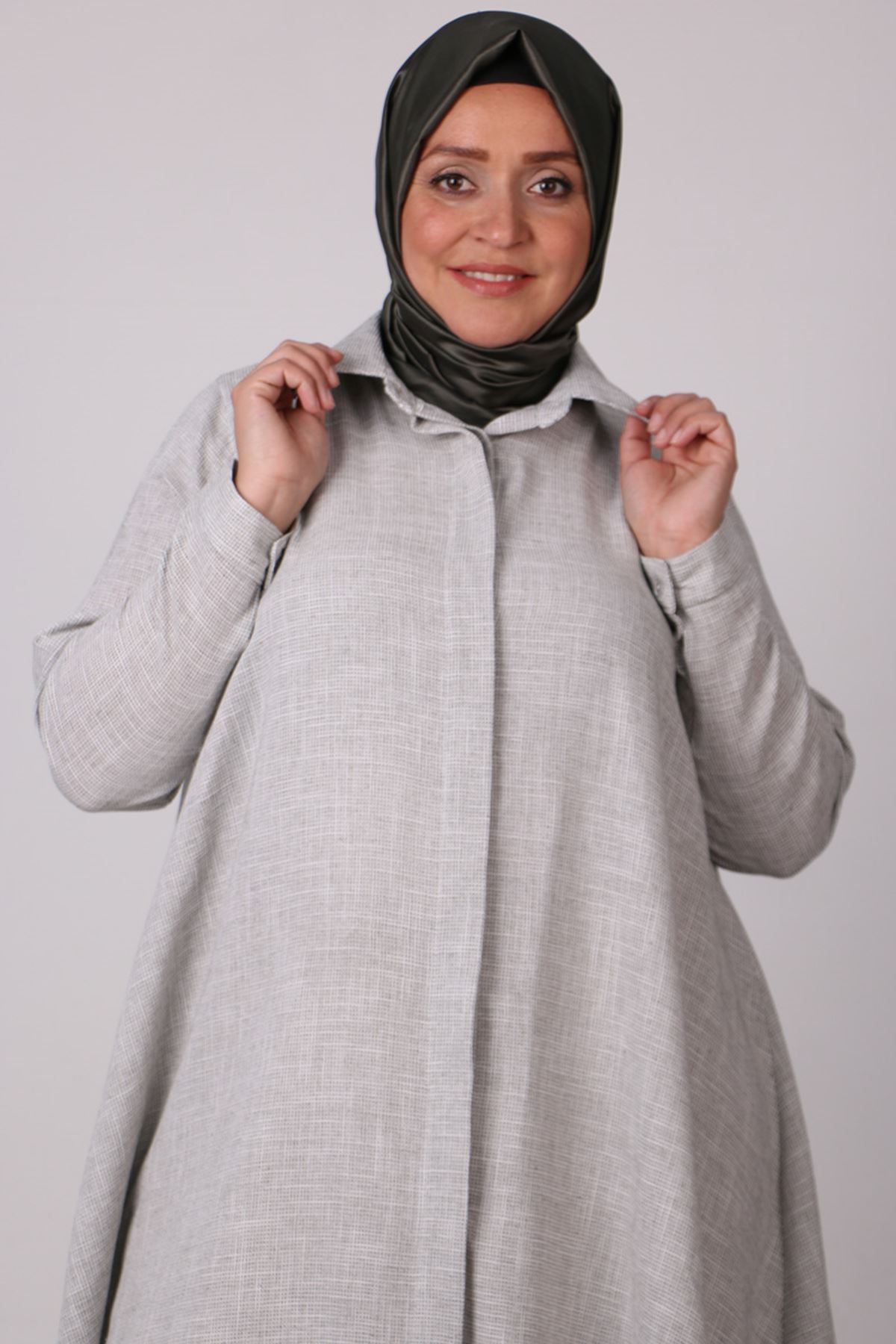 38051 Large Size Linen Shirt with Hidden Buttons -Khaki