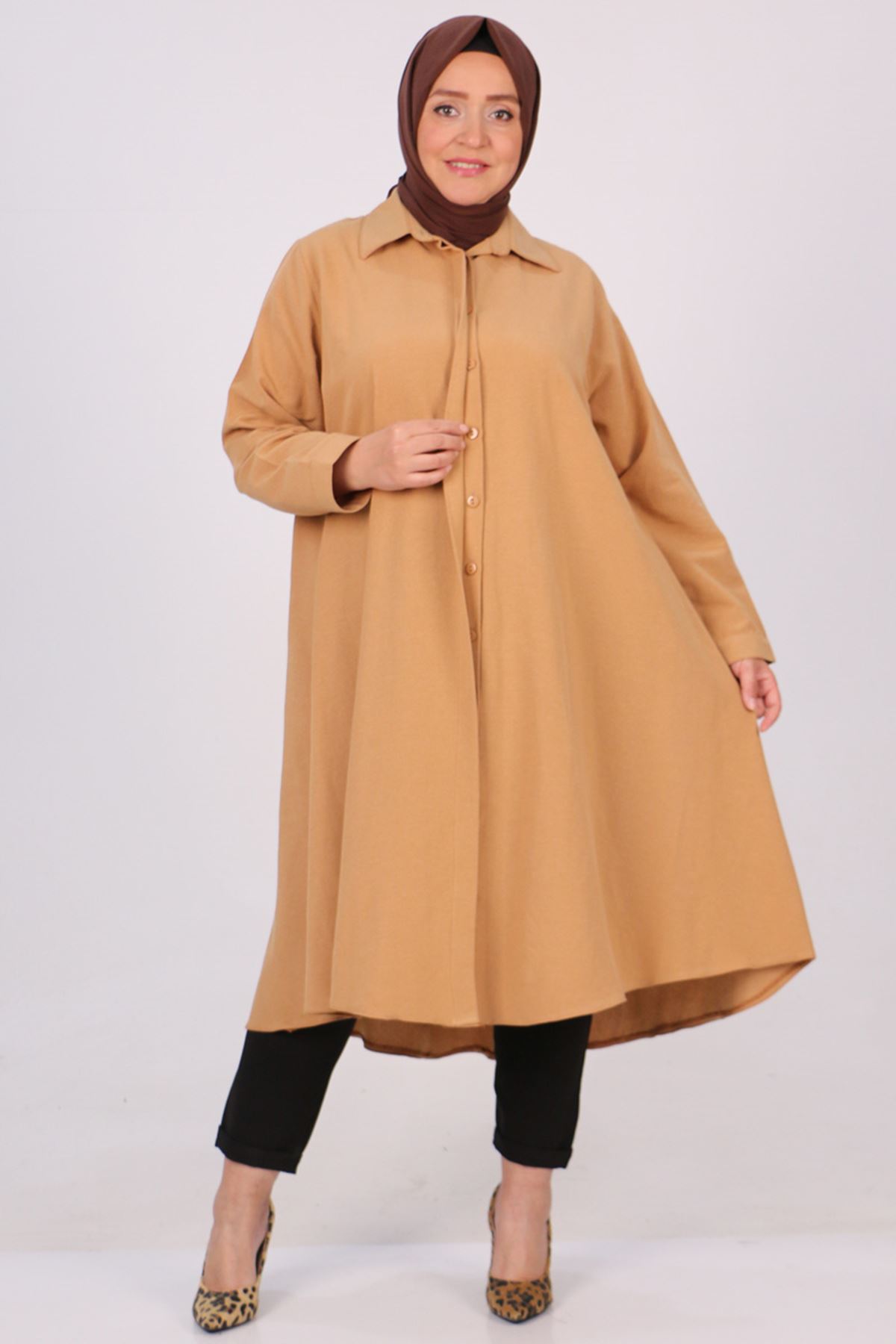 38065 Large Size Hidden Pops Linen Mevlana Shirt -Camel