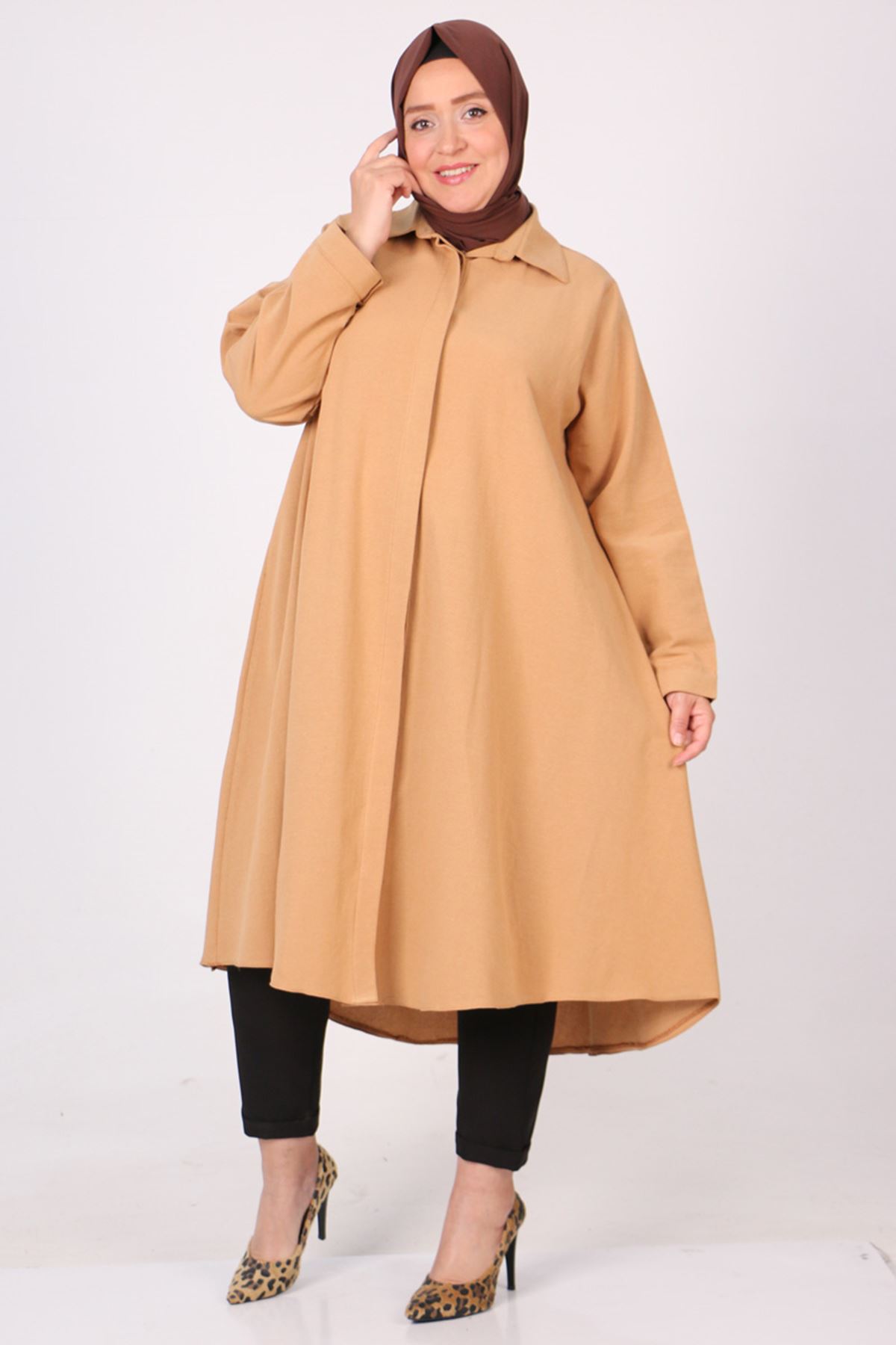 38065 Large Size Hidden Pops Linen Mevlana Shirt -Camel