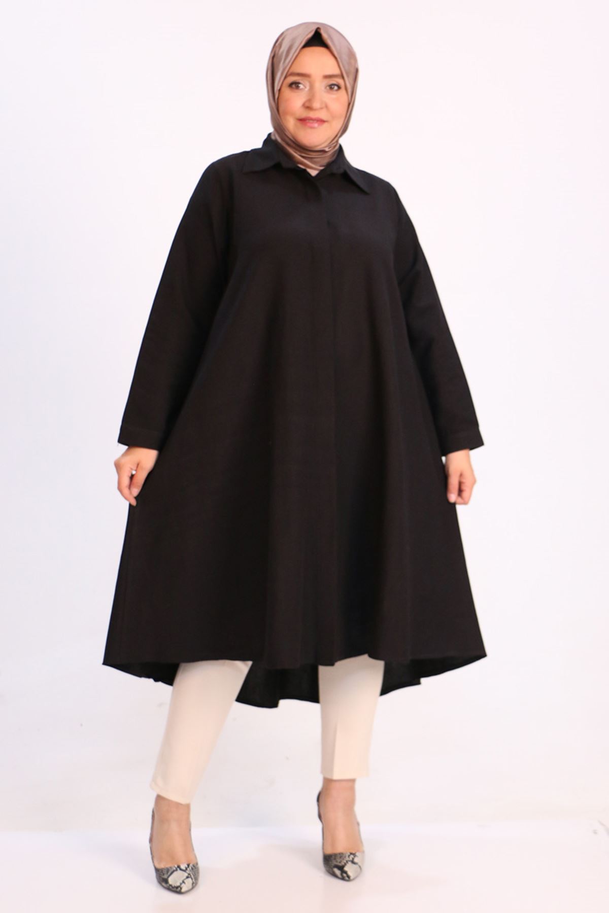 38065 Large Size Hidden Pops Linen Mevlana Shirt -Black