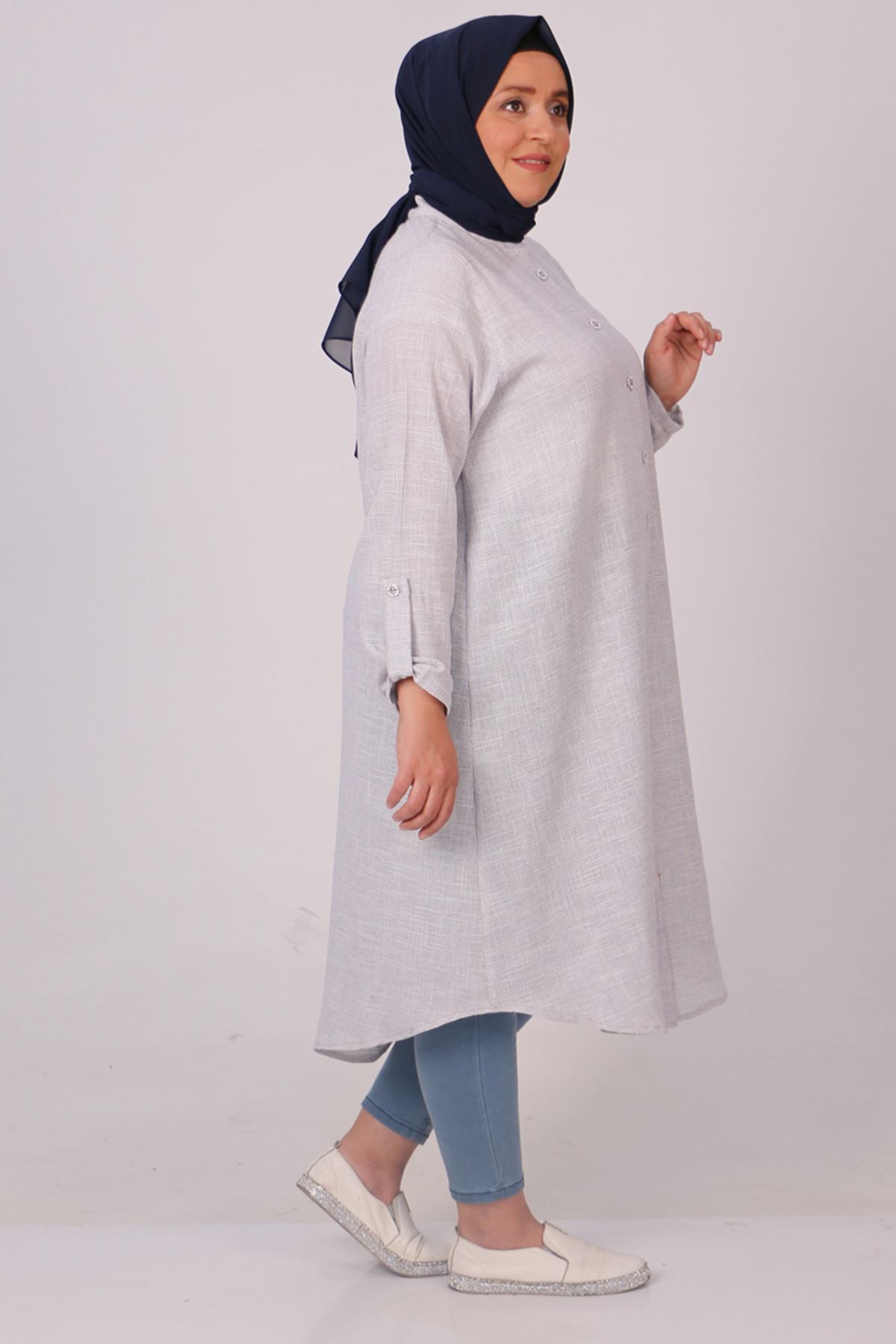 38053 Large Size Etamin Linen Mevlana Shirt - Gray
