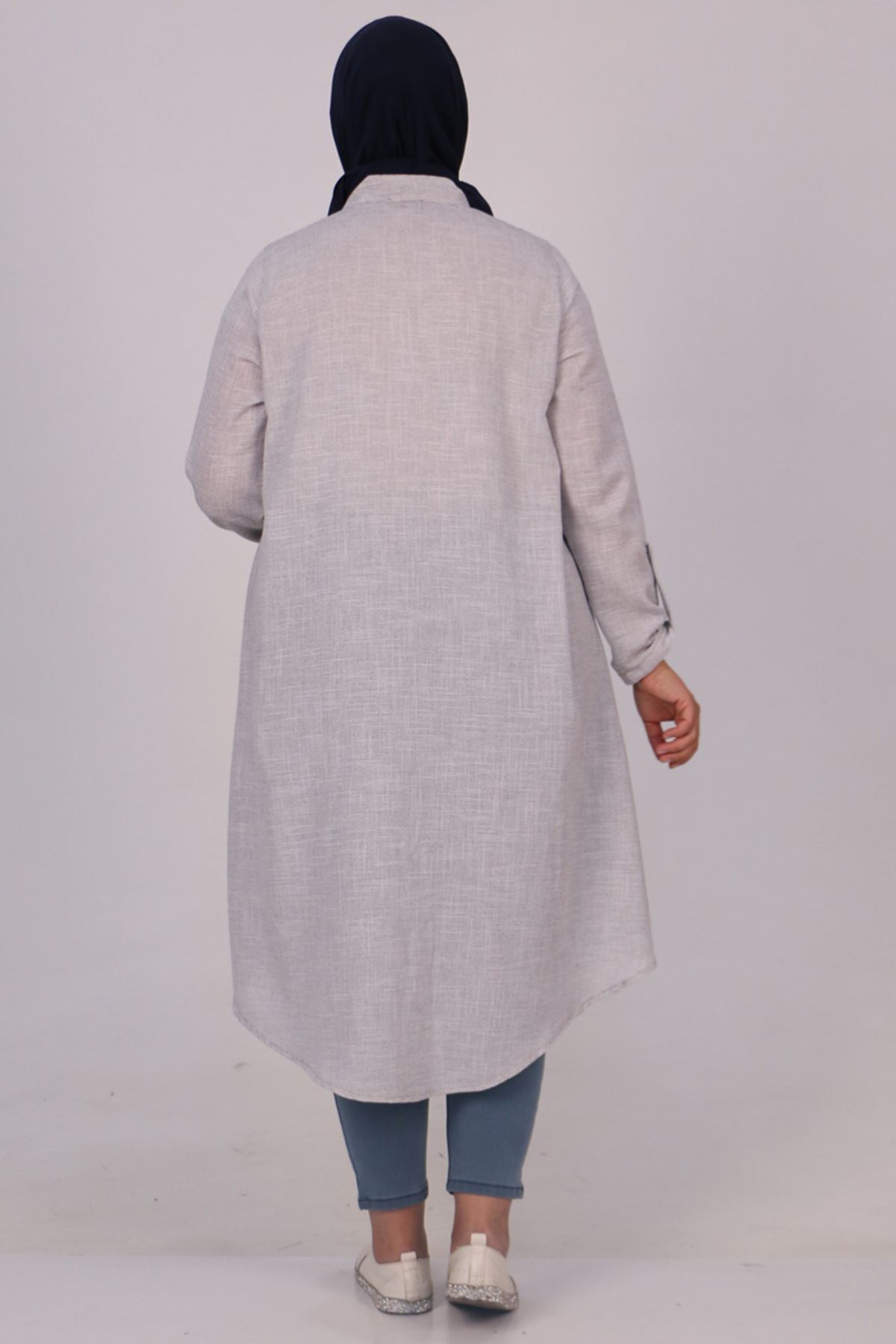 38053 Large Size Etamin Linen Mevlana Shirt - Gray