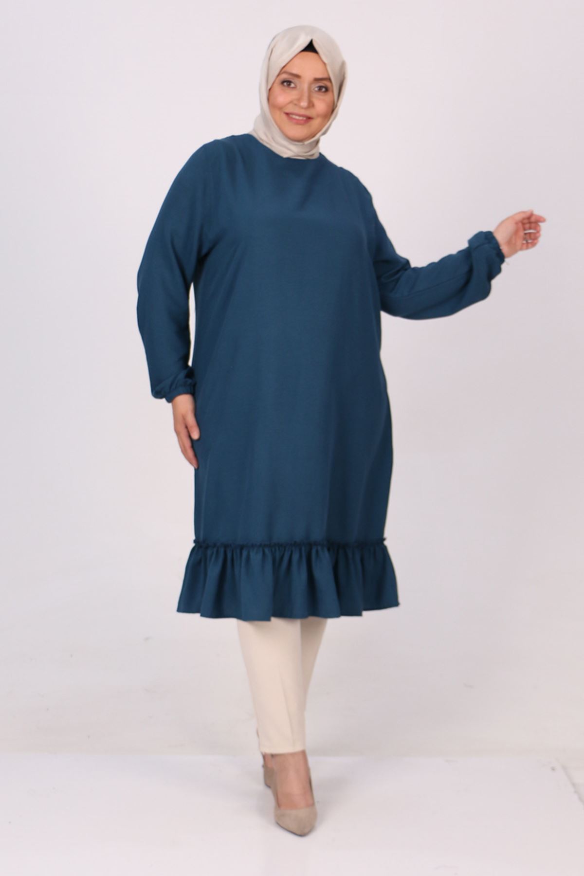 38070 Large Size Frill Detailed Miracle Tunic - Petrol