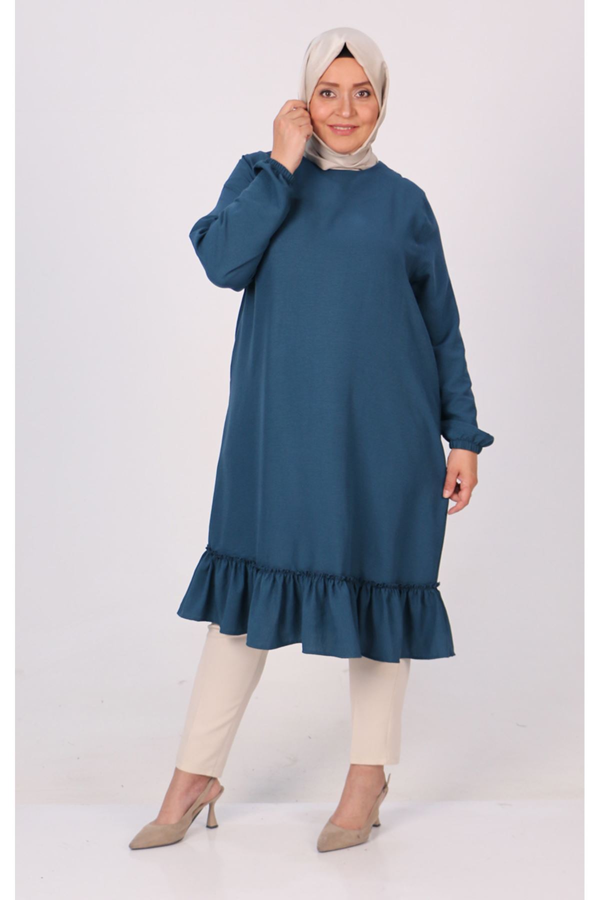 38070 Large Size Frill Detailed Miracle Tunic - Petrol