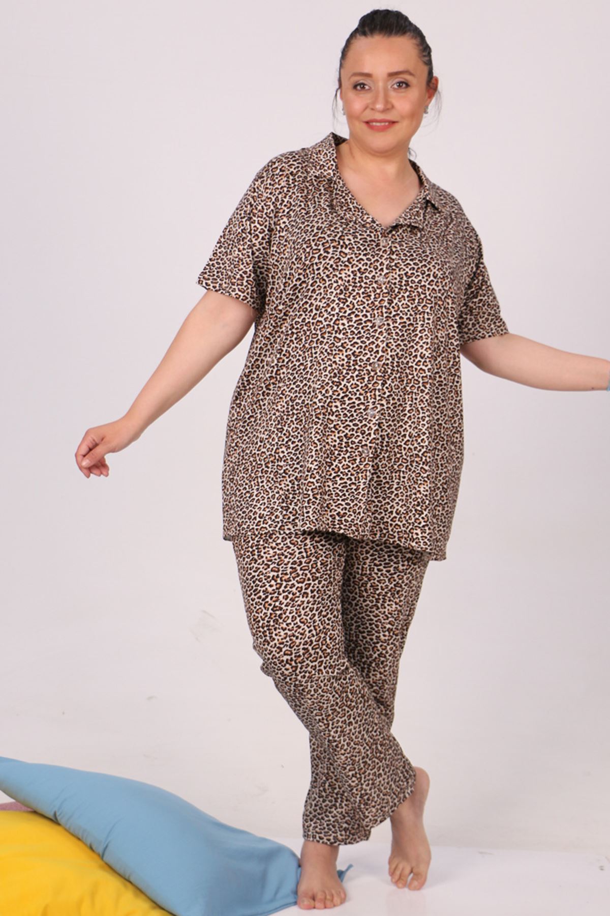 37801 Büyük Beden Desenli Penye Pijama Takımı - Leopar