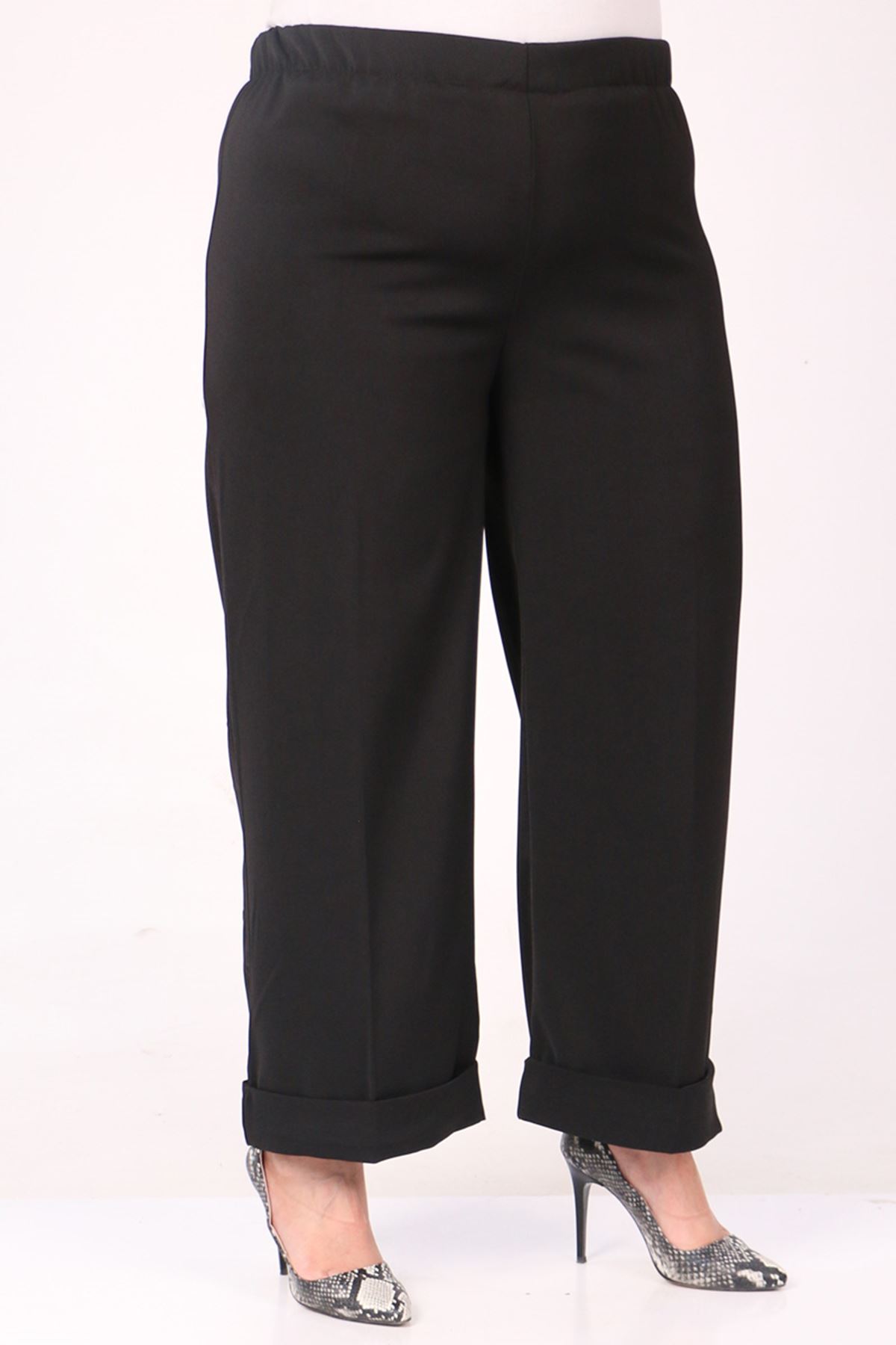 39022 Large Size Elastic Waist Double Leg Trousers - Black