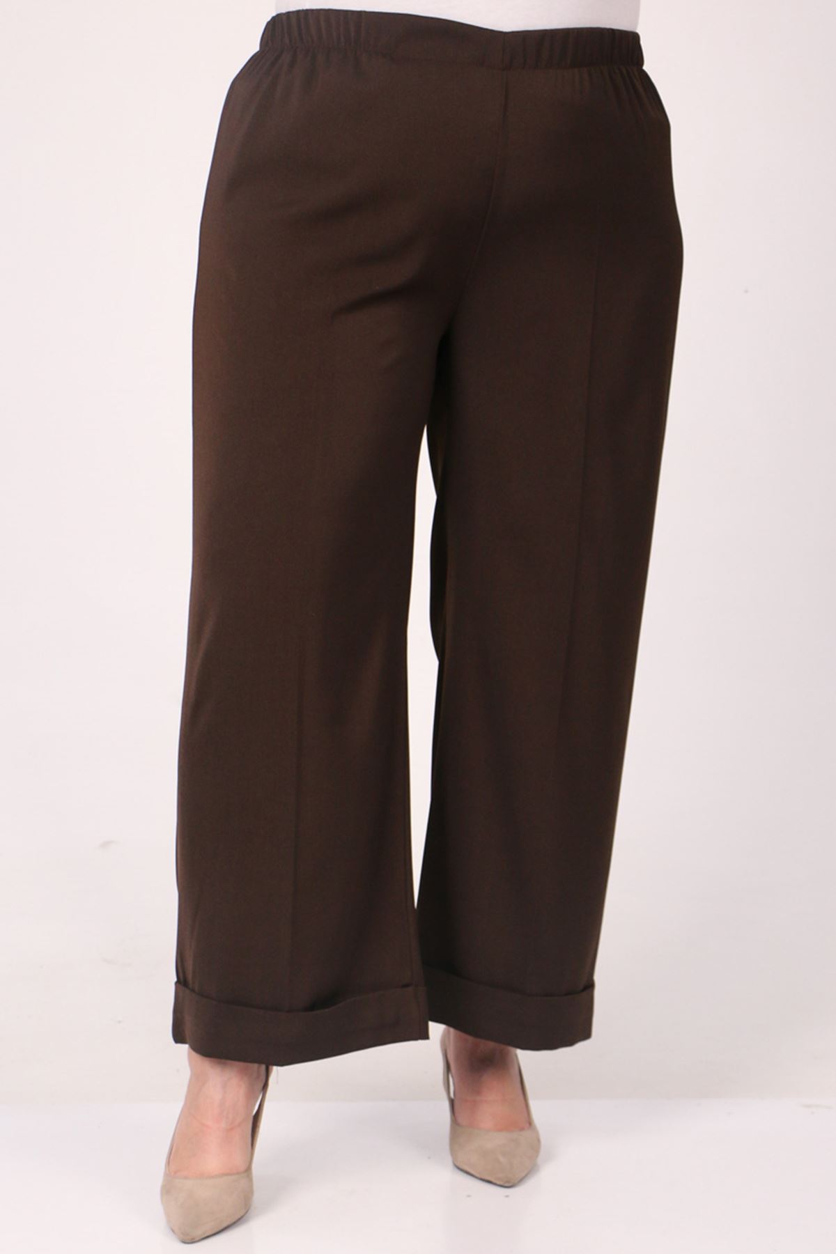 39022 Plus Size Elastic Waist Double Leg Trousers - Brown