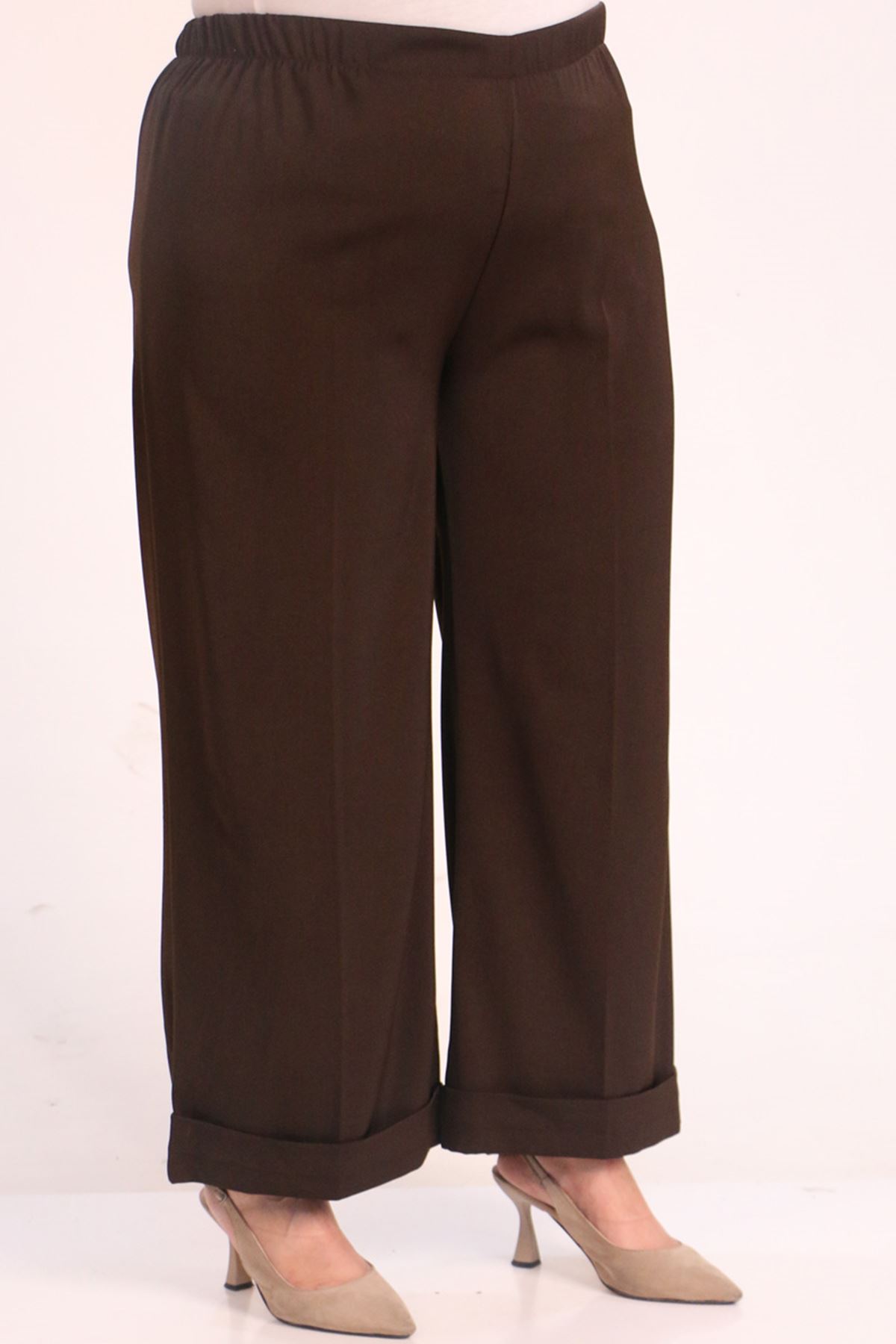 39022 Plus Size Elastic Waist Double Leg Trousers - Brown