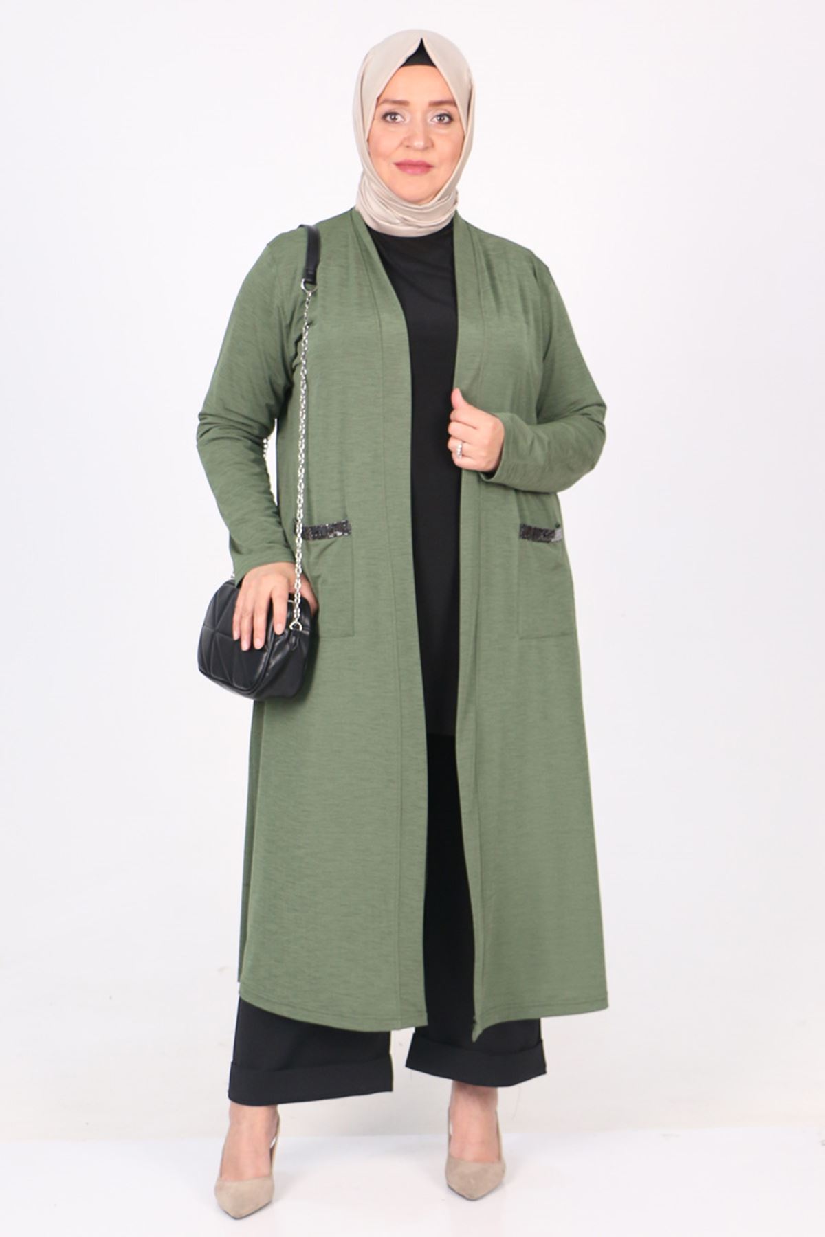 33028 Plus Size Shiny Striped Mina Jacket - Khaki