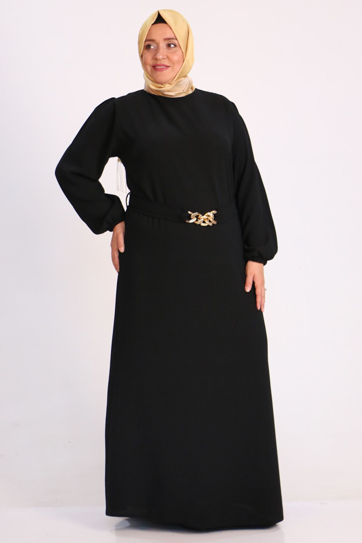  32018 Plus Size Double Layer Crepe Dress With Detachable Belt - Black