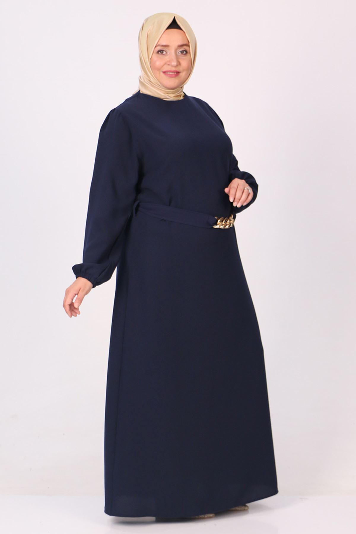  32018 Plus Size Double Layer Crepe Dress With Detachable Belt - Navy blue