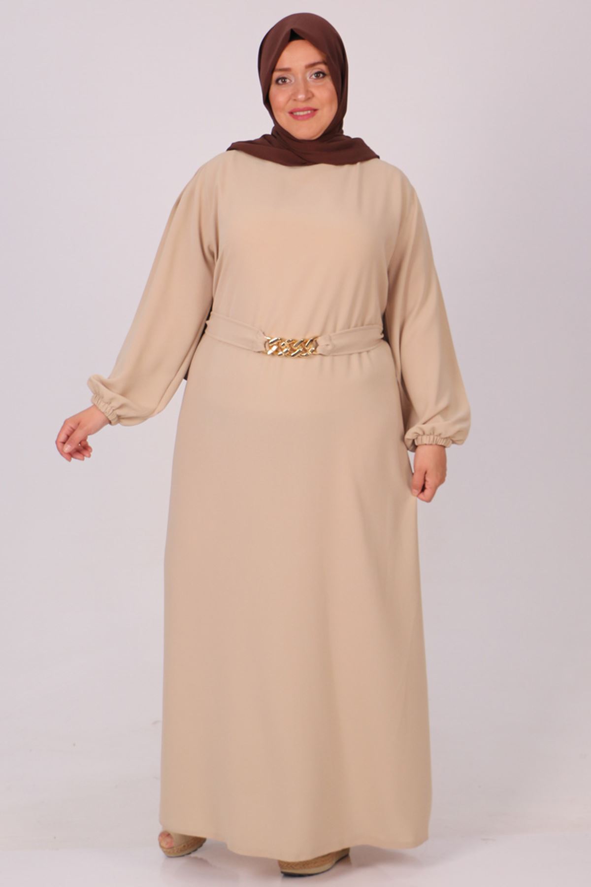  32018 Plus Size Double Layer Crepe Dress With Detachable Belt - Beige