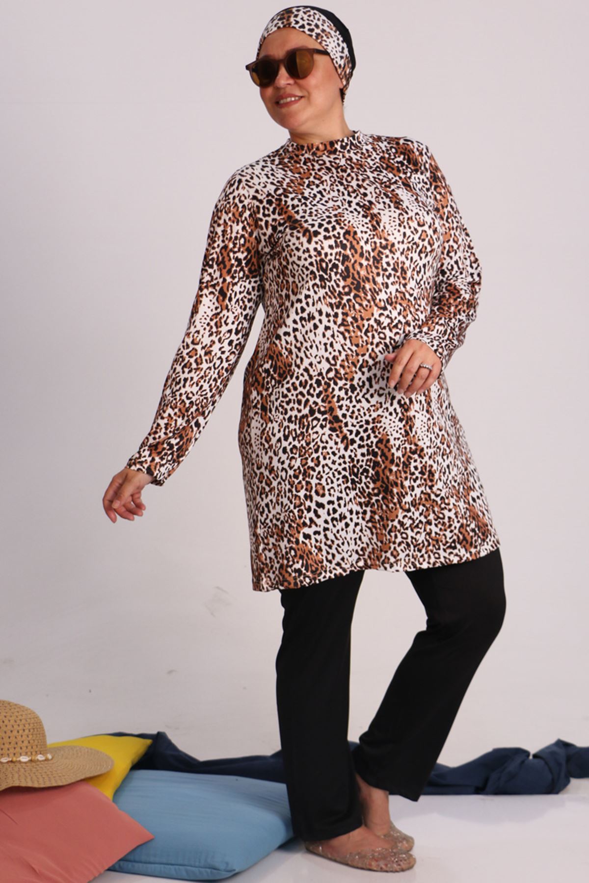  1711 Plus Size Long Sleeve Hijab Swimsuit Set - Leopard