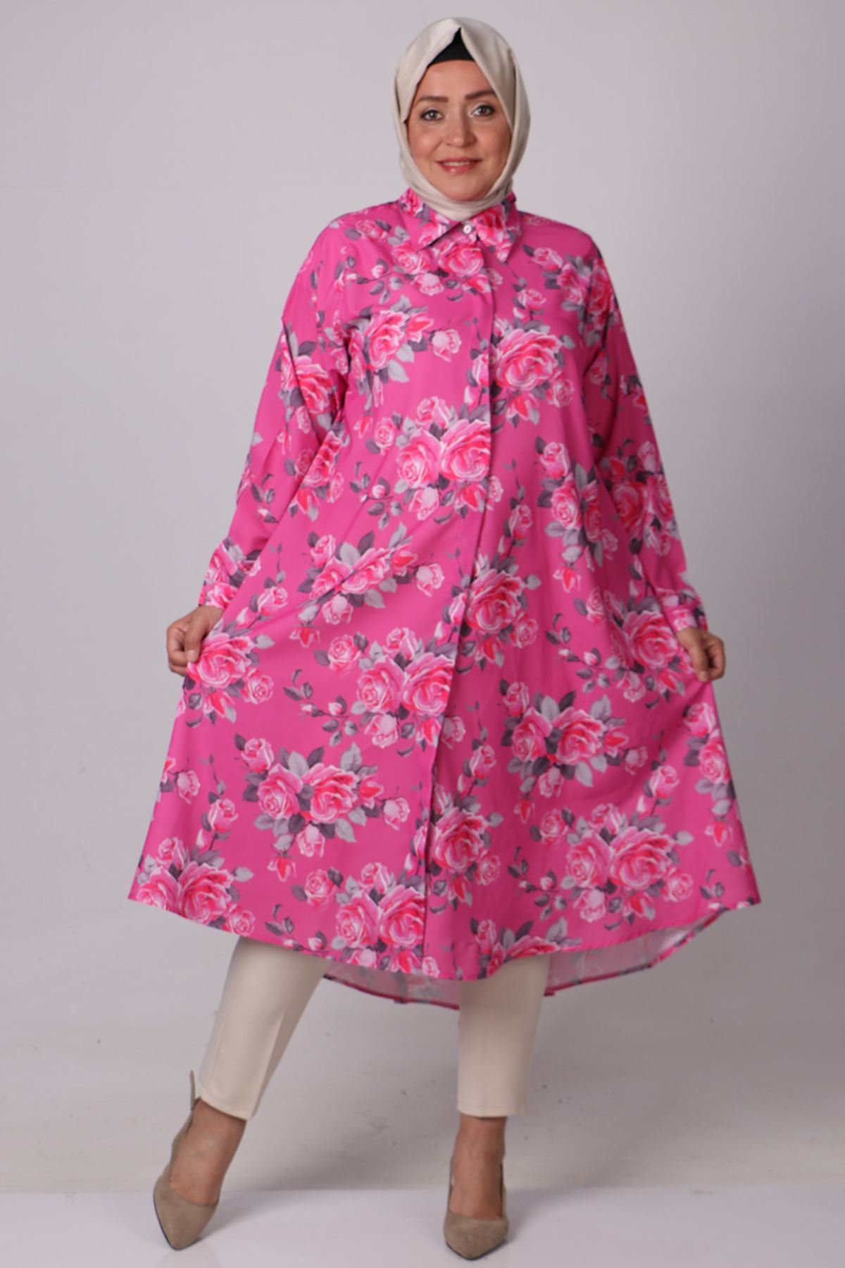 38047 Large Size Patterned Mevlana Jesica Shirt- Rose Pattern Fuchsia