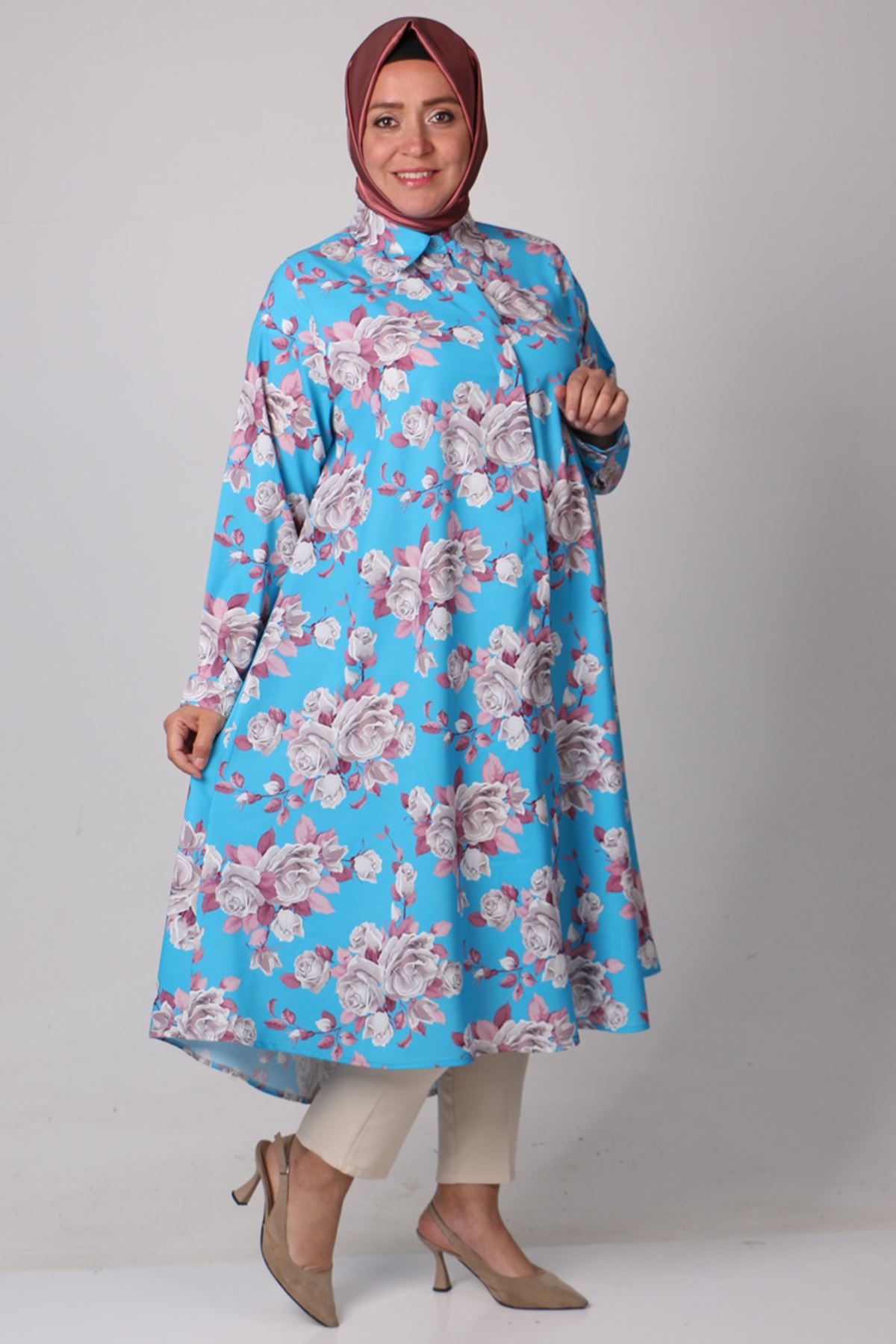 38047 Large Size Patterned Mevlana Jesica Shirt- Rose Pattern Blue