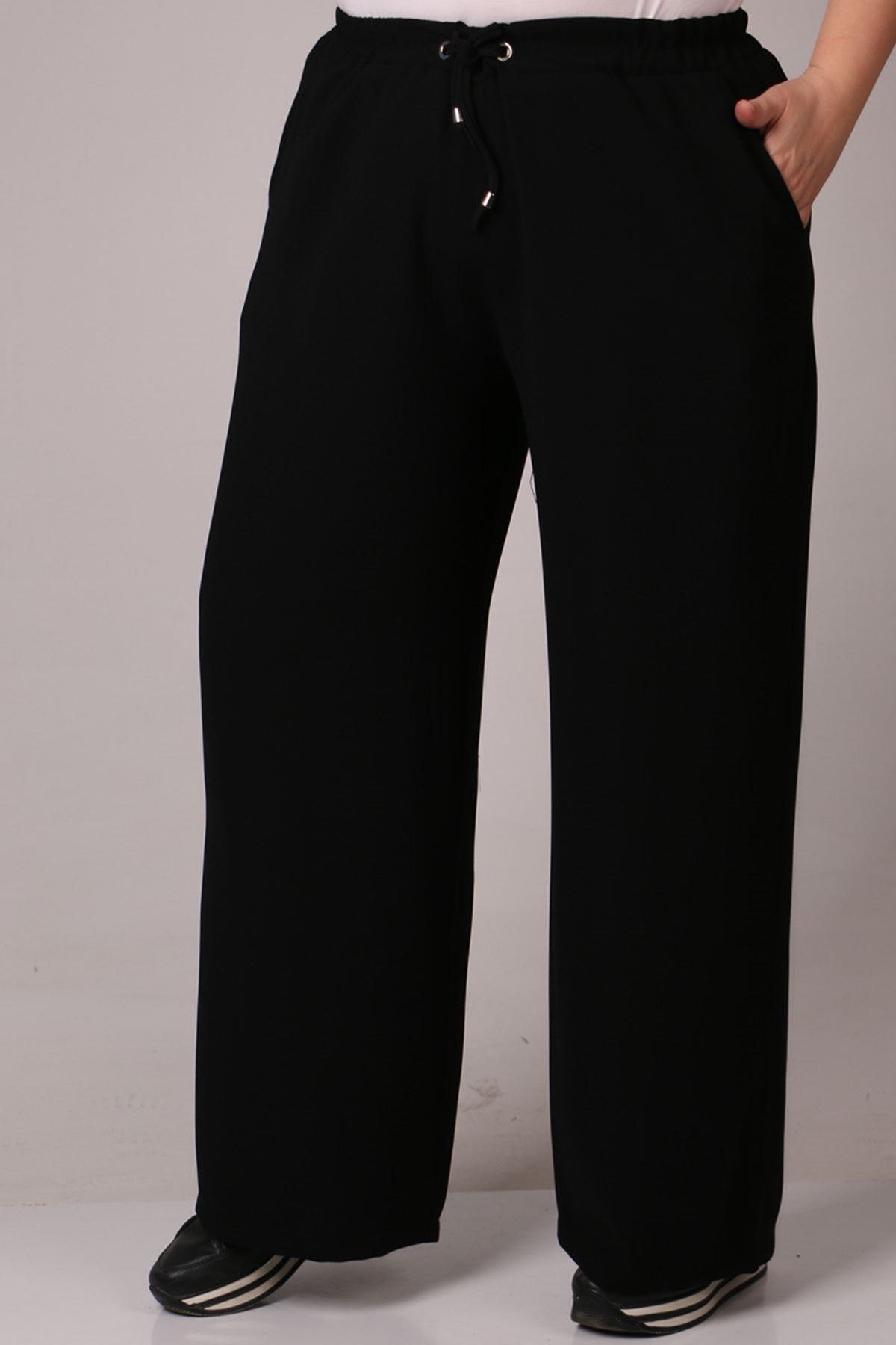39007 Large Size Elastic Waist Wide Leg Double Layer Crepe Trousers - Black