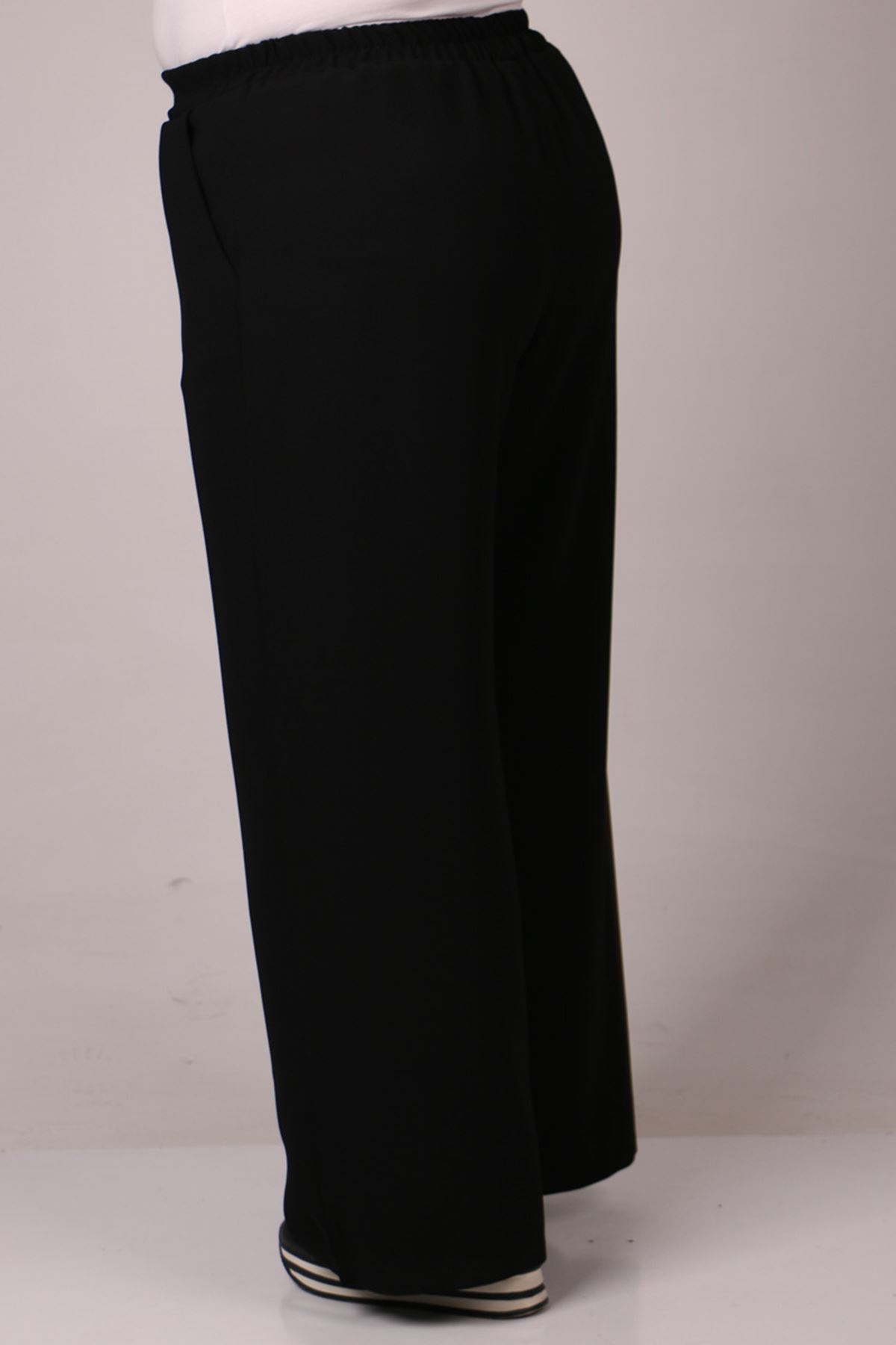 39007 Large Size Elastic Waist Wide Leg Double Layer Crepe Trousers - Black