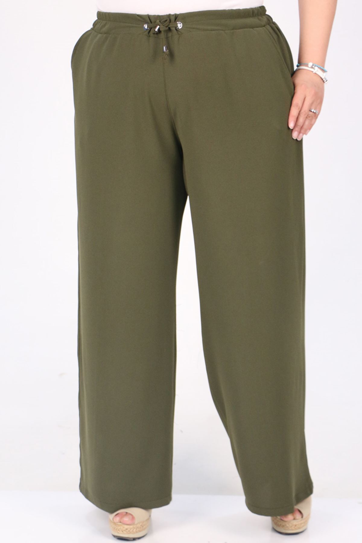 39007 Large Size Elastic Waist Wide Leg Double Layer Crepe Trousers - Khaki