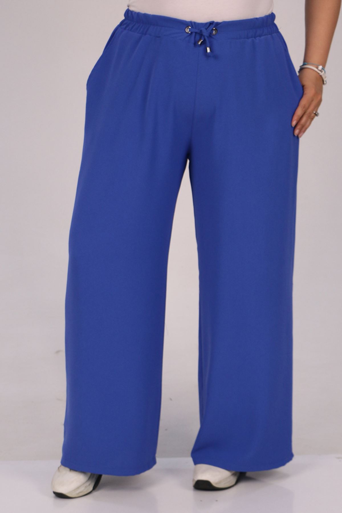 39007 Large Size Elastic Waist Wide Leg Double Layer Crepe Trousers - Saks