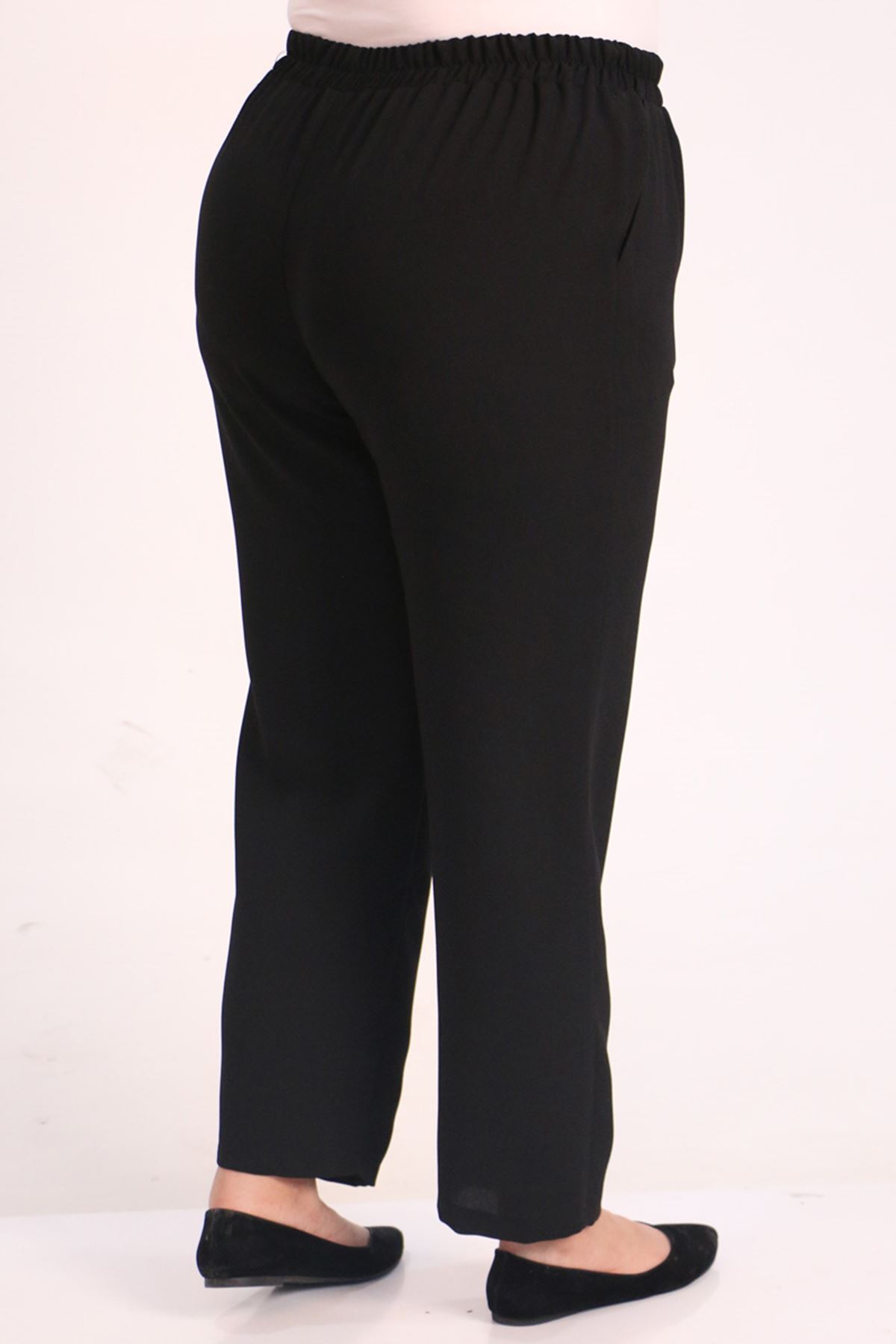 39021 Large Size Slim Leg Double Layer Crepe Trousers-Black