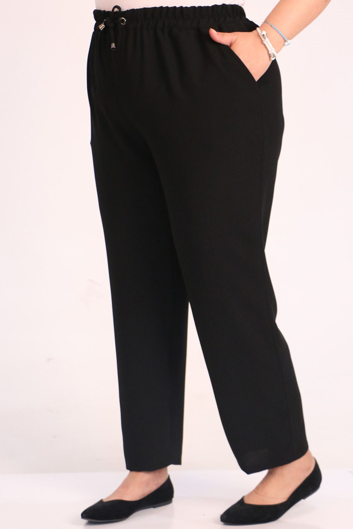 39021 Large Size Slim Leg Double Layer Crepe Trousers-Black