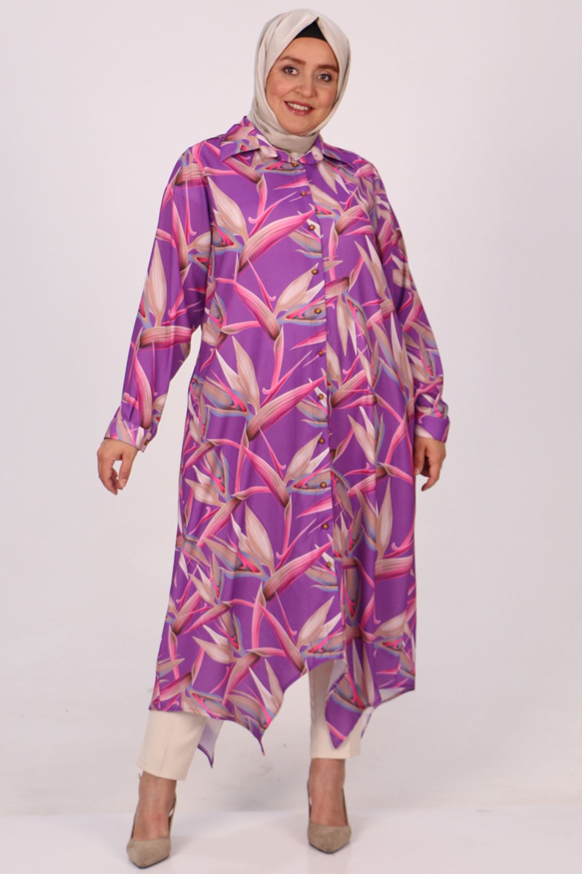 38066 Large Size Asymmetric Cut Jesica Shirt-Leaf Pattern Purple