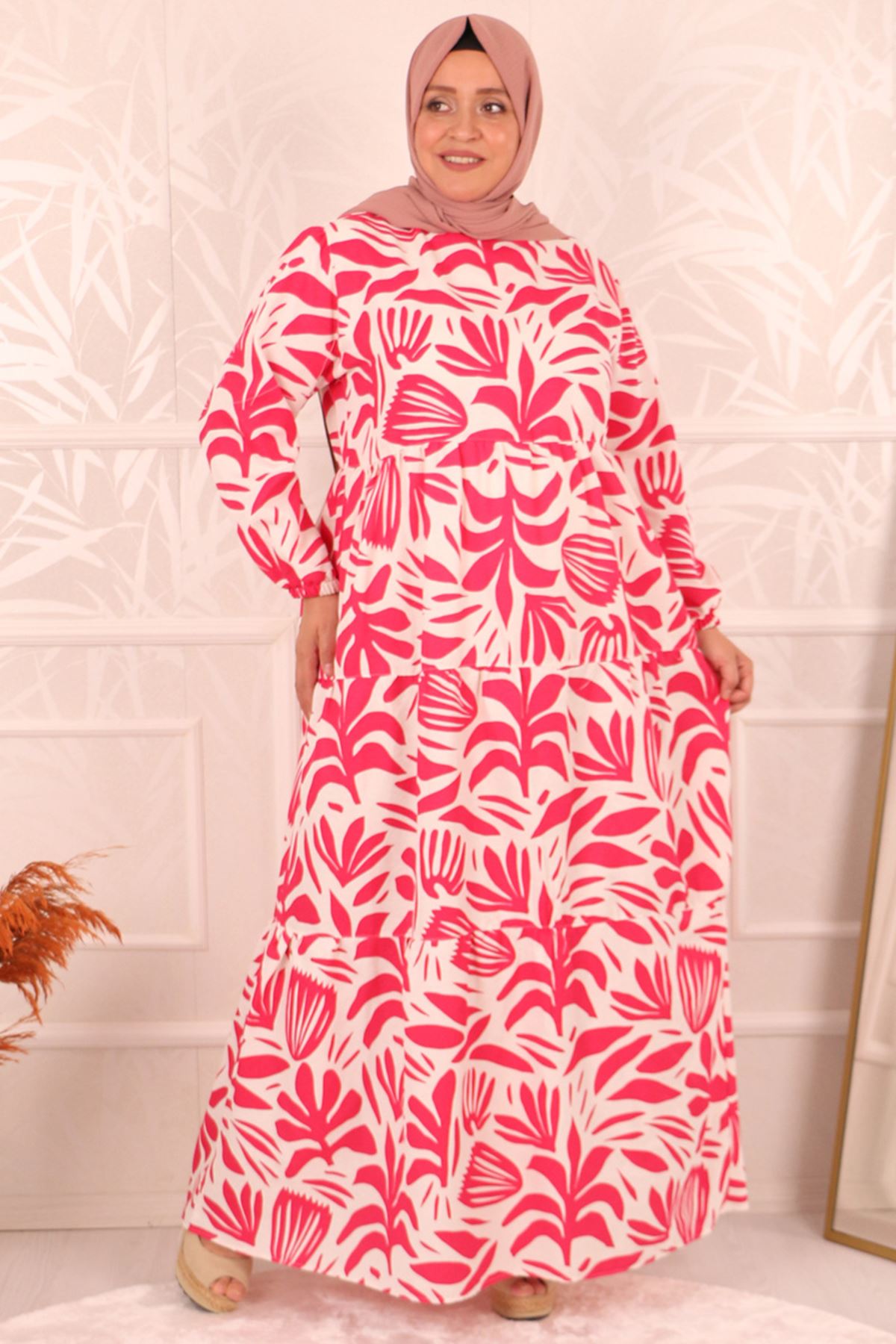 32039 Plus Size Patterned Linen Dress-Fuchsia