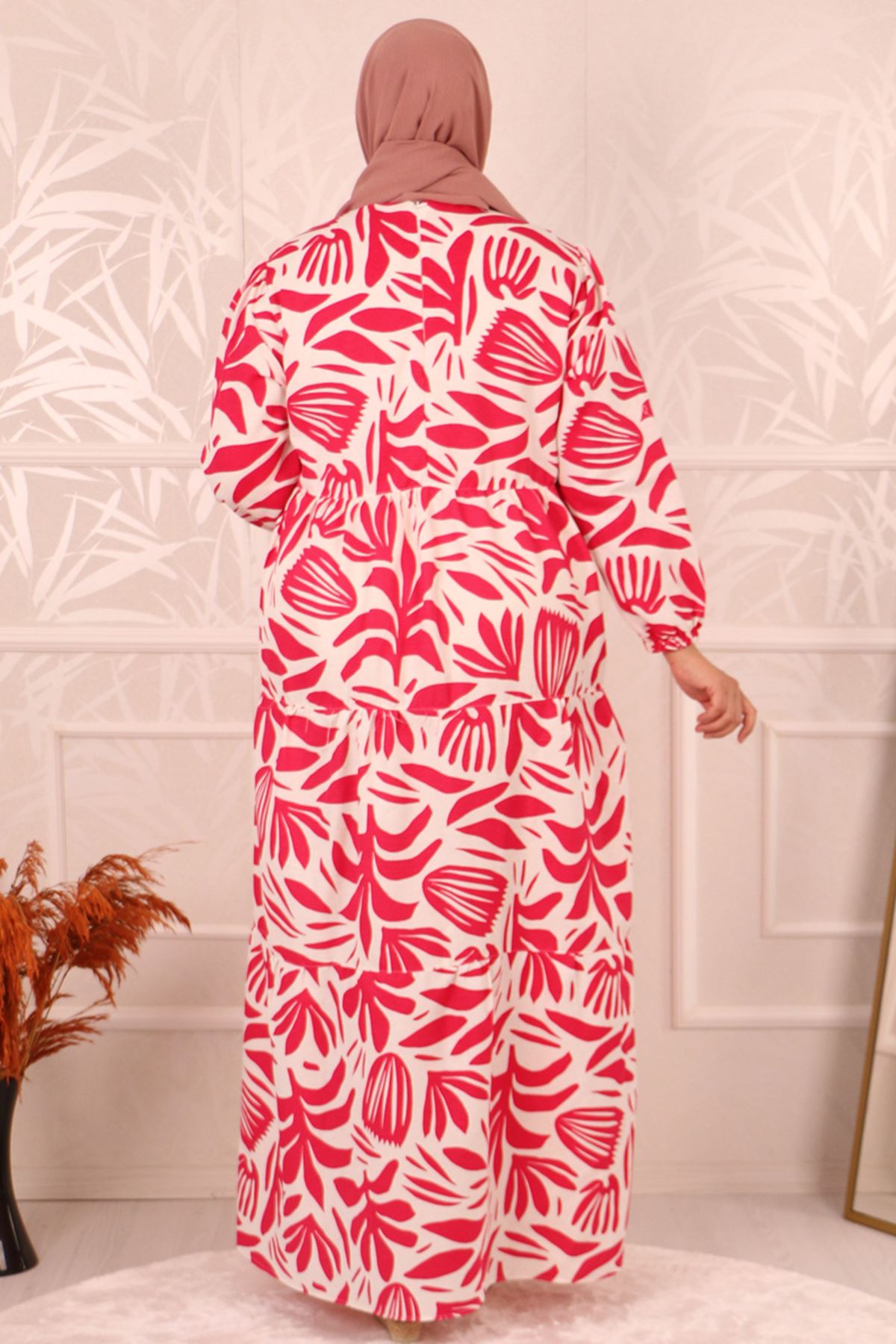 32039 Plus Size Patterned Linen Dress-Fuchsia
