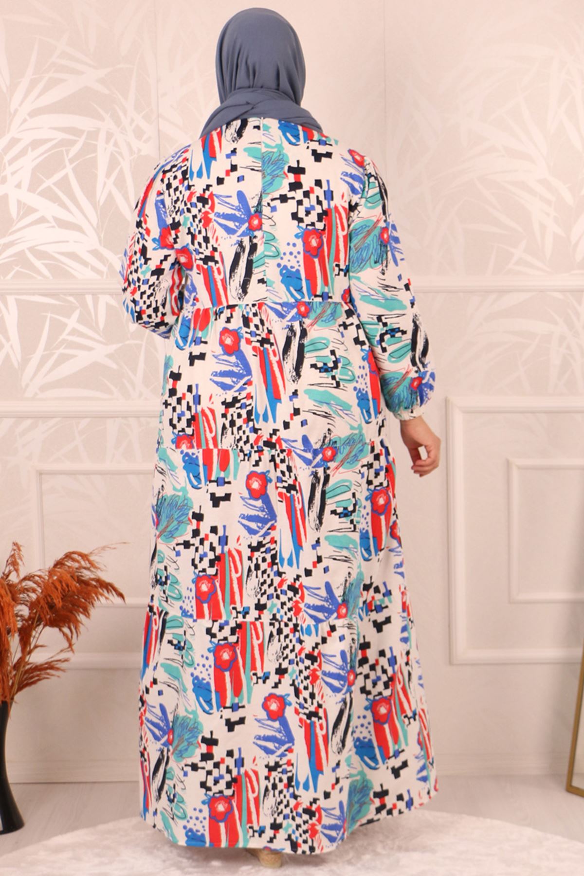  32039 Large Size Patterned Linen Dress-Navy Blue